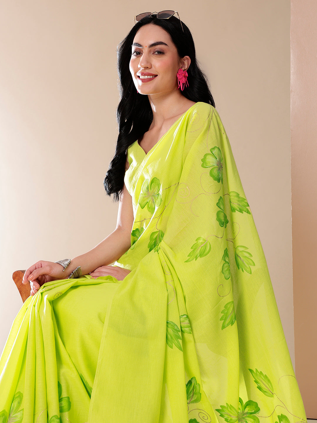 Mellow Hue Handpainted Lemon Green Cotton Saree - Festive Wear