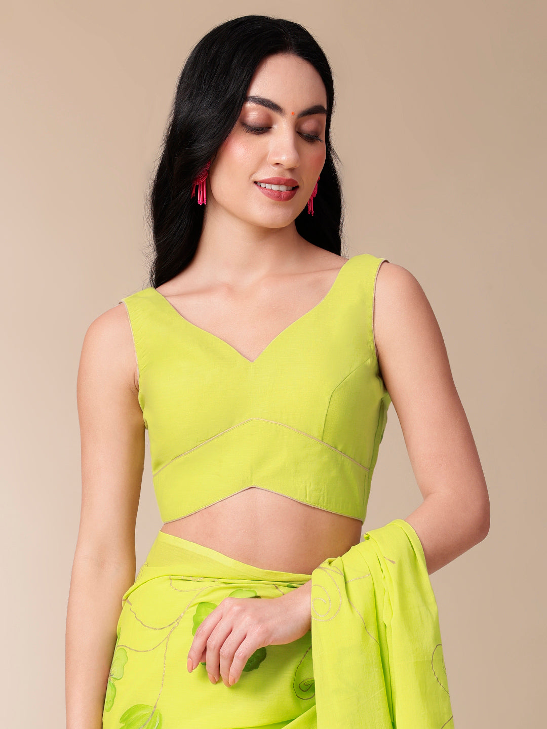 Mellow Hue Handpainted Lemon Green Cotton Saree - Festive Wear