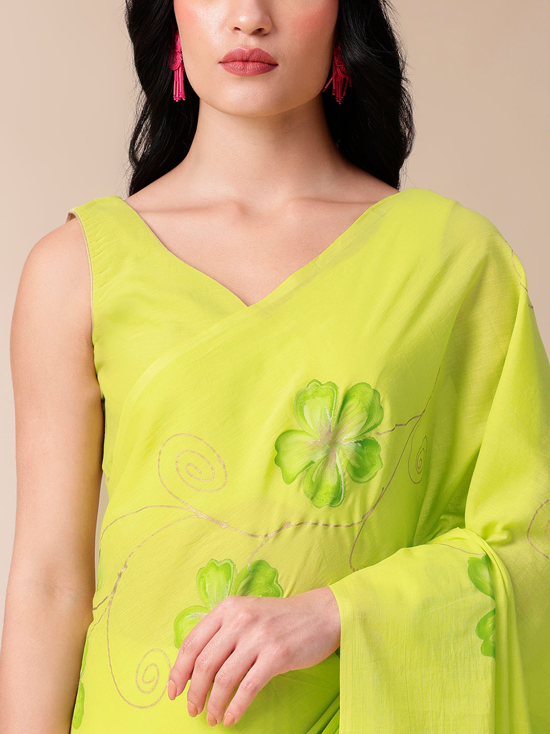 Mellow Hue Handpainted Lemon Green Cotton Saree - Festive Wear