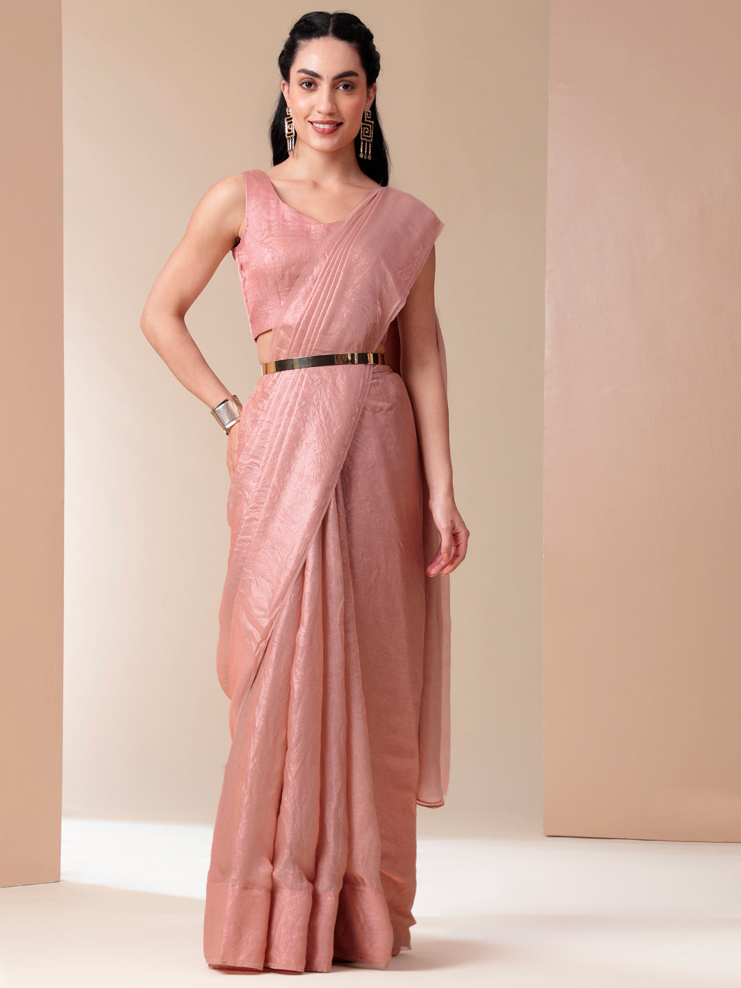 Graceful Pink Metallic Tissue Saree with Lace Border