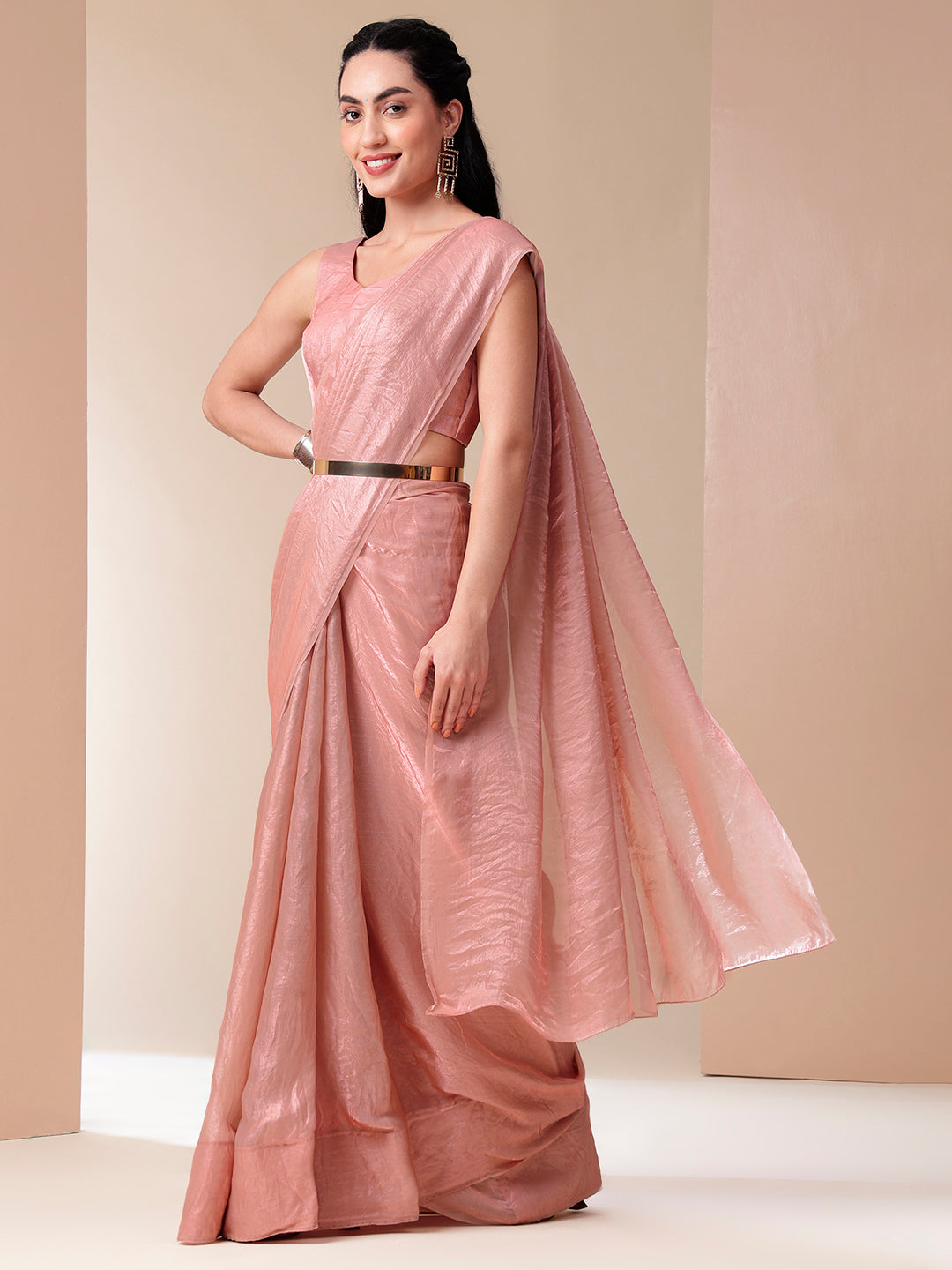 Graceful Pink Metallic Tissue Saree with Lace Border