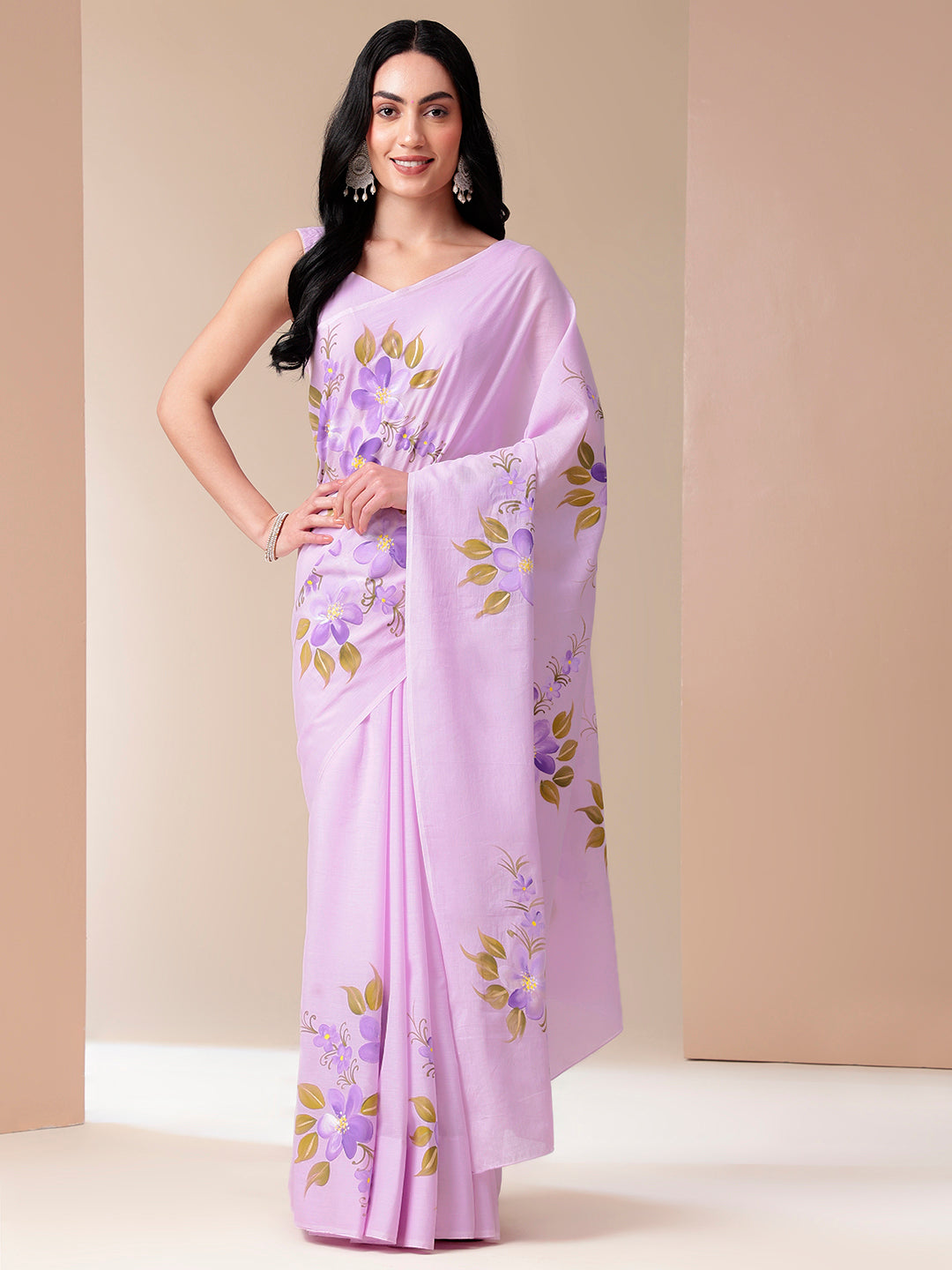 Gentle Gleam Handpainted Lavender Floral Cotton Saree for Women