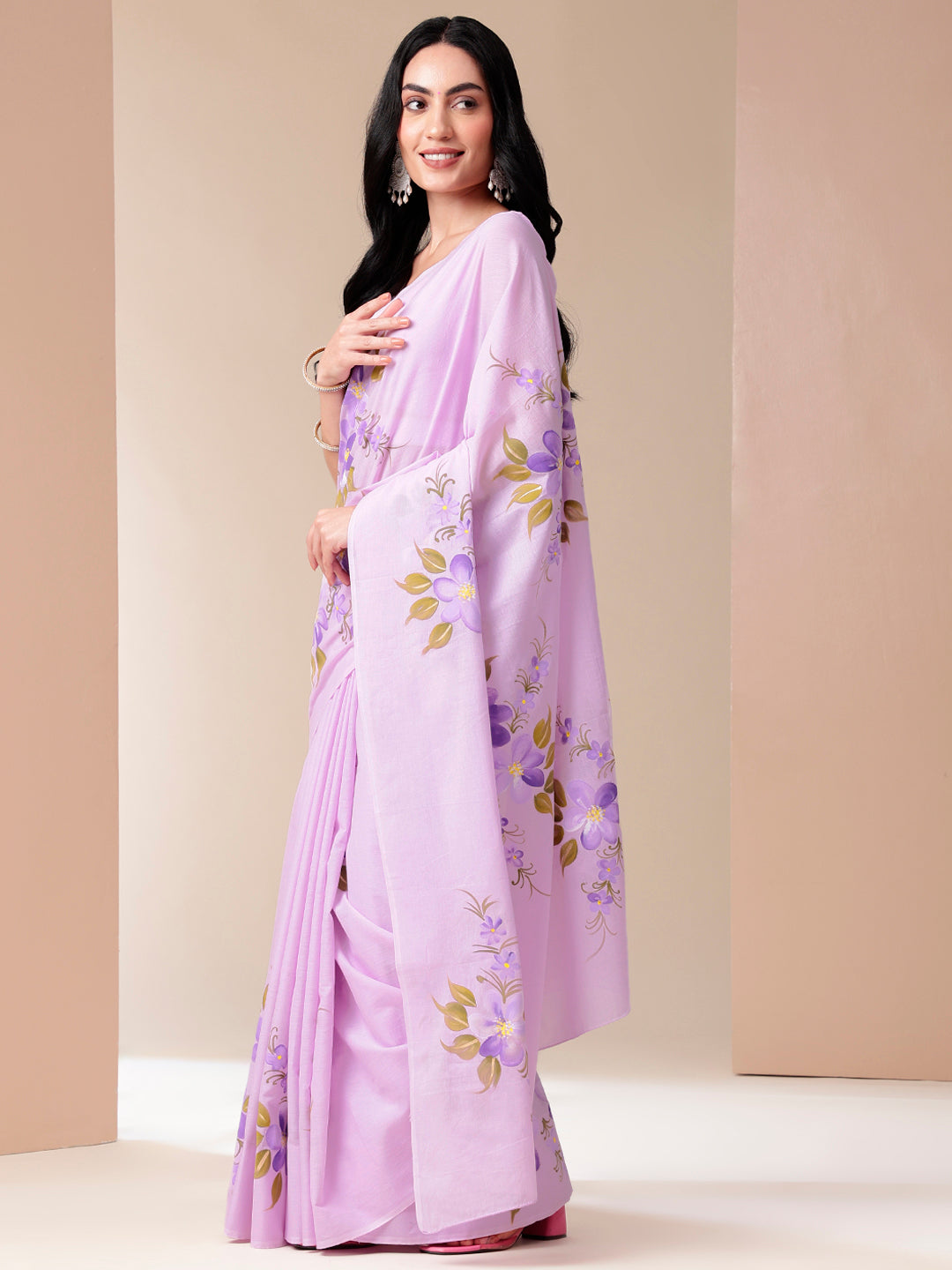 Gentle Gleam Handpainted Lavender Floral Cotton Saree for Women