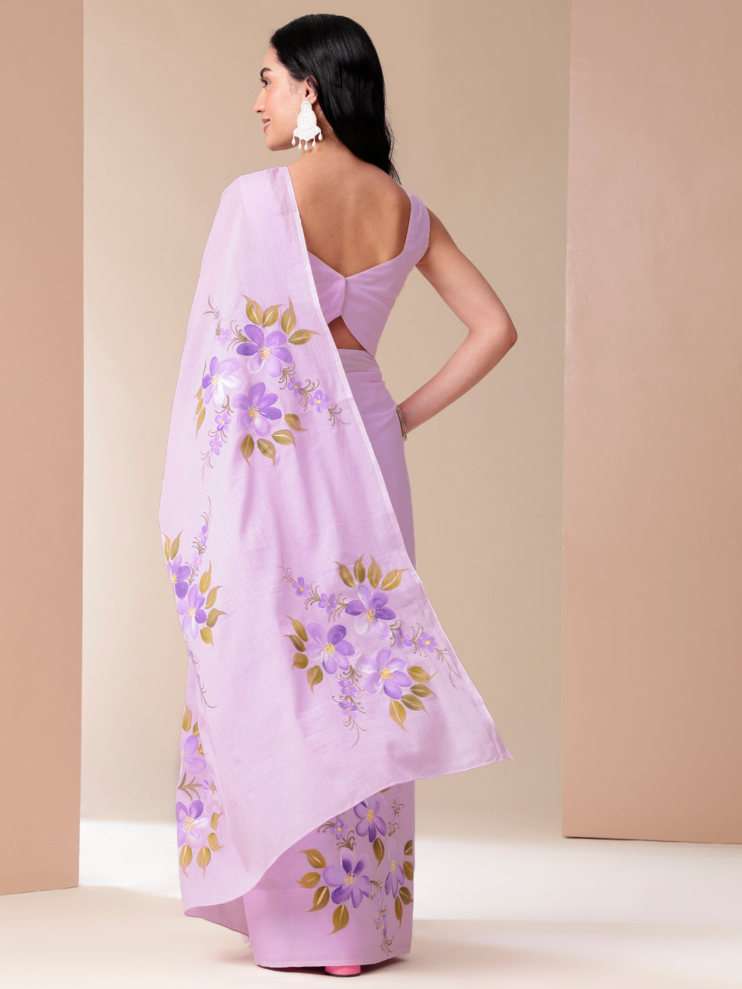 Gentle Gleam Handpainted Lavender Floral Cotton Saree for Women