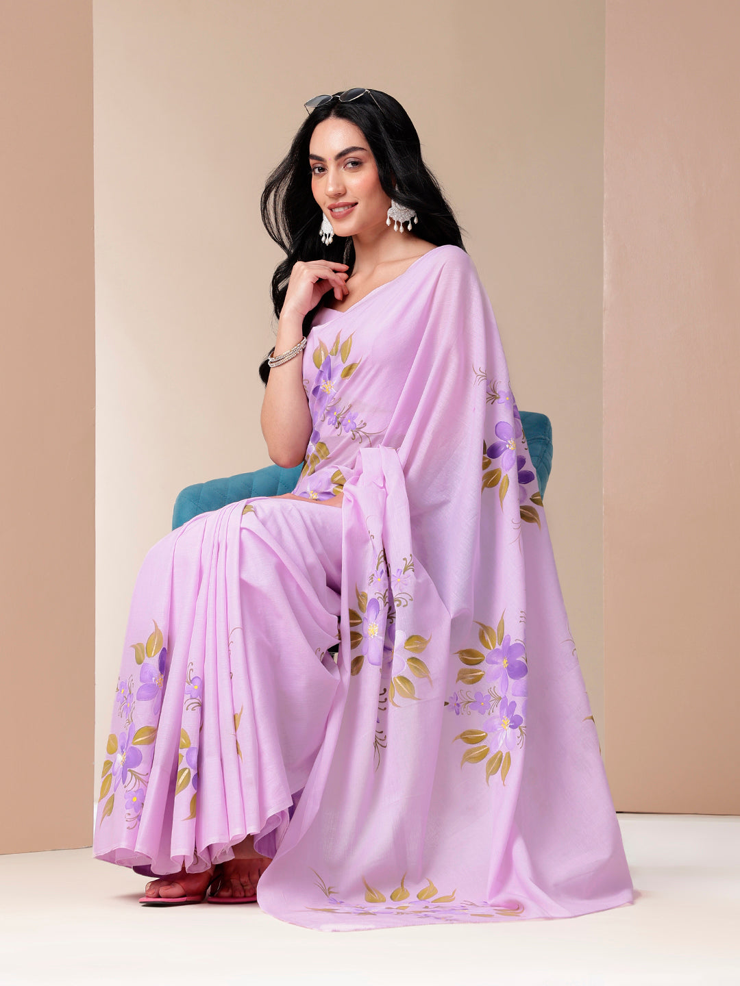 Gentle Gleam Handpainted Lavender Floral Cotton Saree for Women
