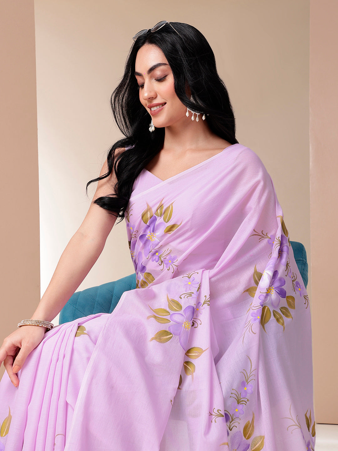Gentle Gleam Handpainted Lavender Floral Cotton Saree for Women