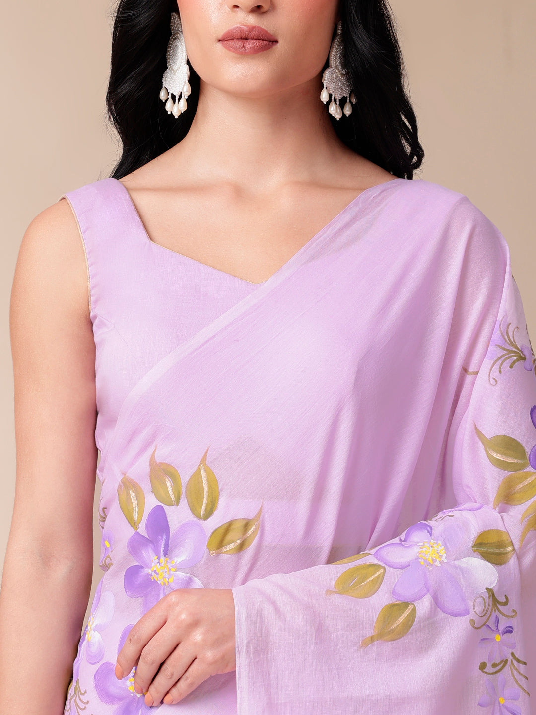 Gentle Gleam Handpainted Lavender Floral Cotton Saree for Women