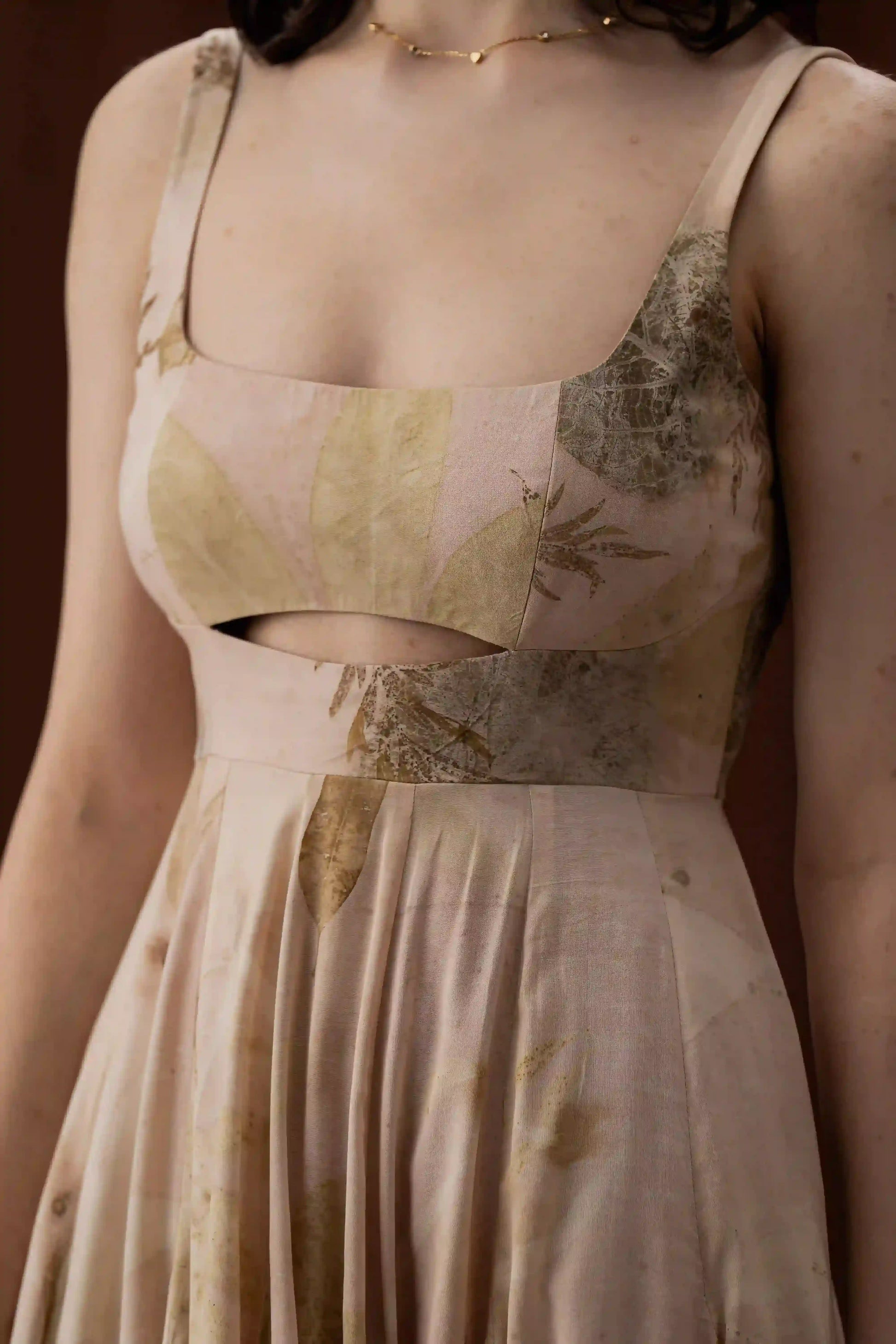 Sophisticated Beige Banana Fabric Square Neck Cut-Out Midi Dress