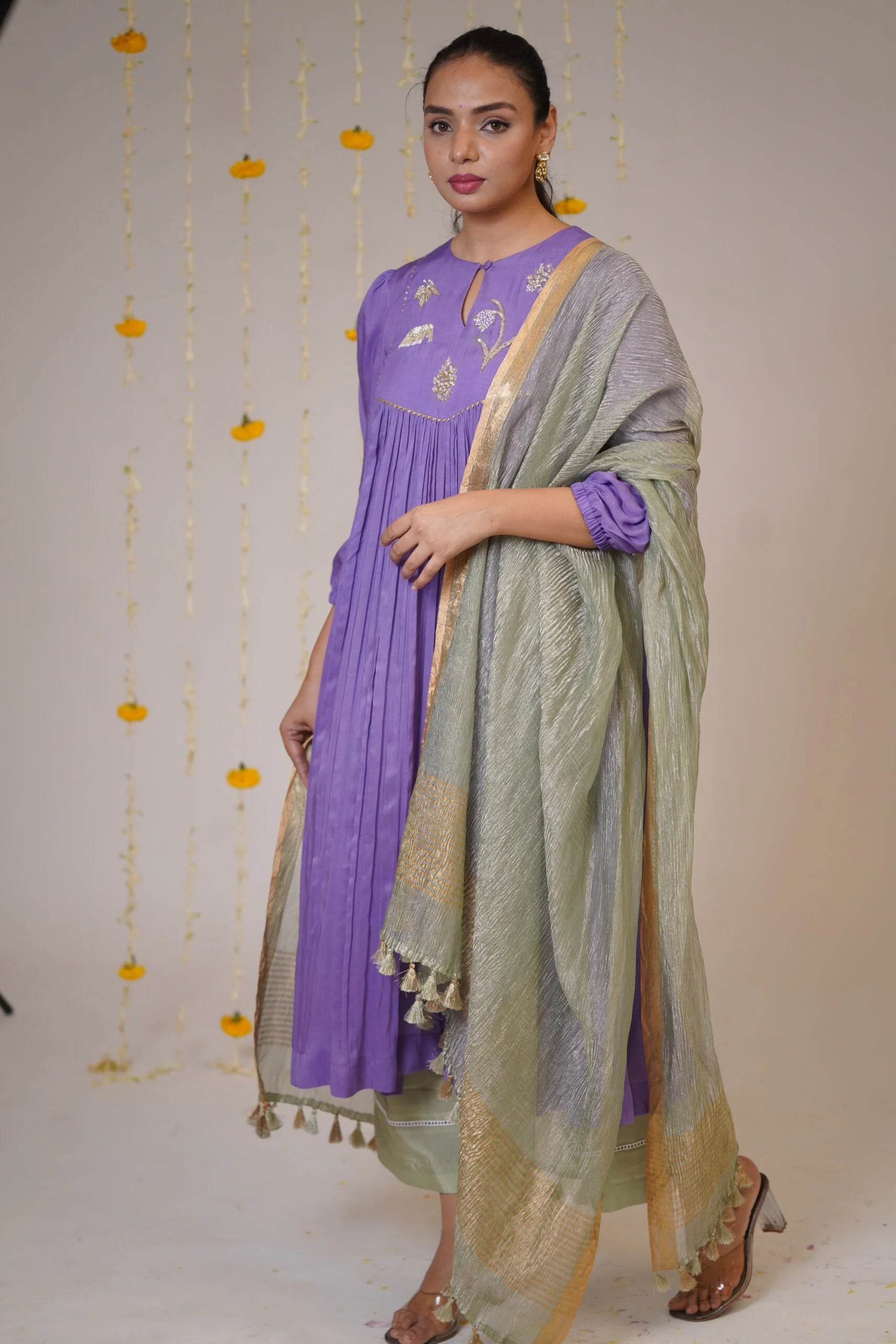 Mandhaara Neelohit Purple Muslin Kurta with Gold Tissue Dupatta - Festive Kurta