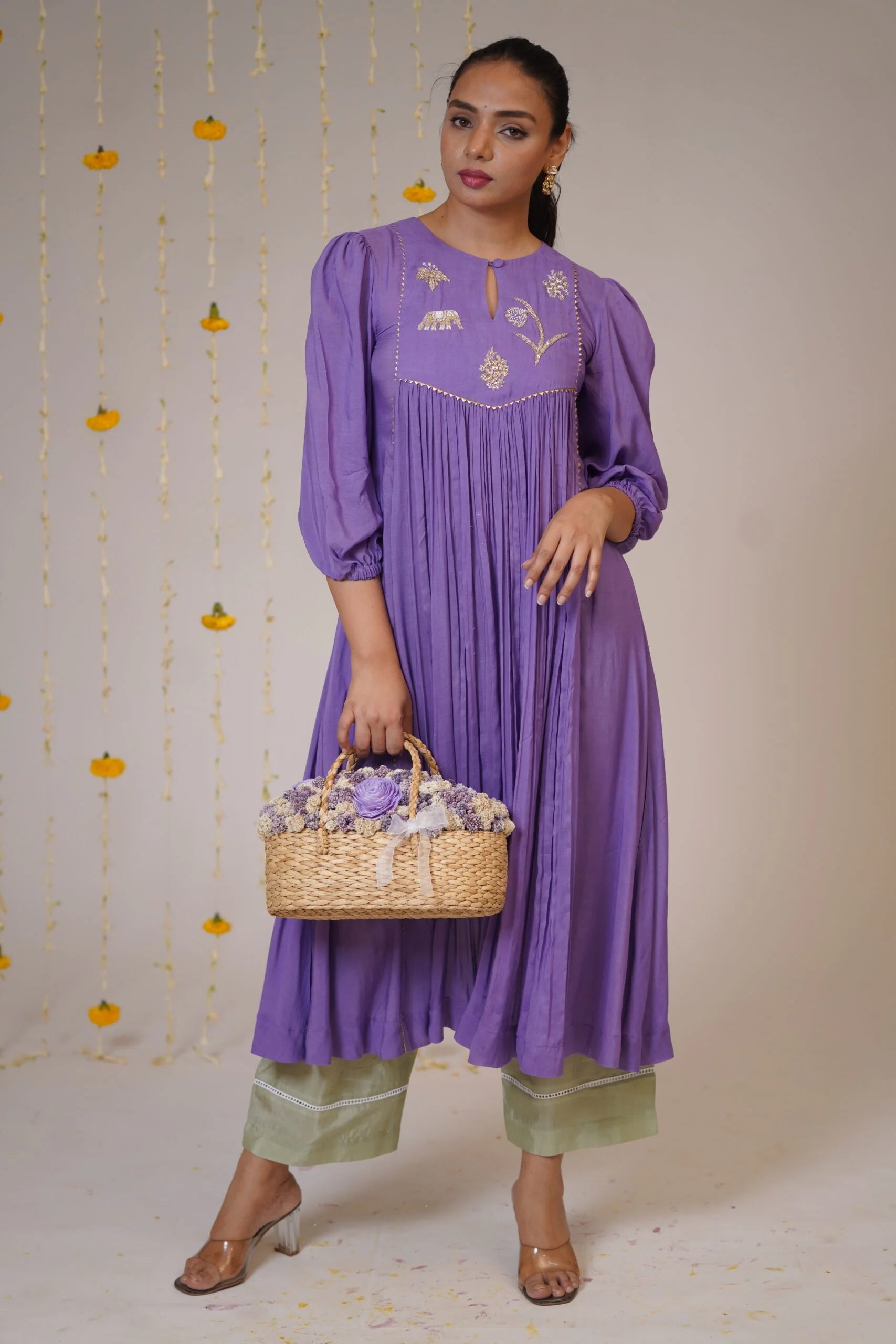 Mandhaara Neelohit Purple Muslin Kurta with Gold Tissue Dupatta - Festive Kurta