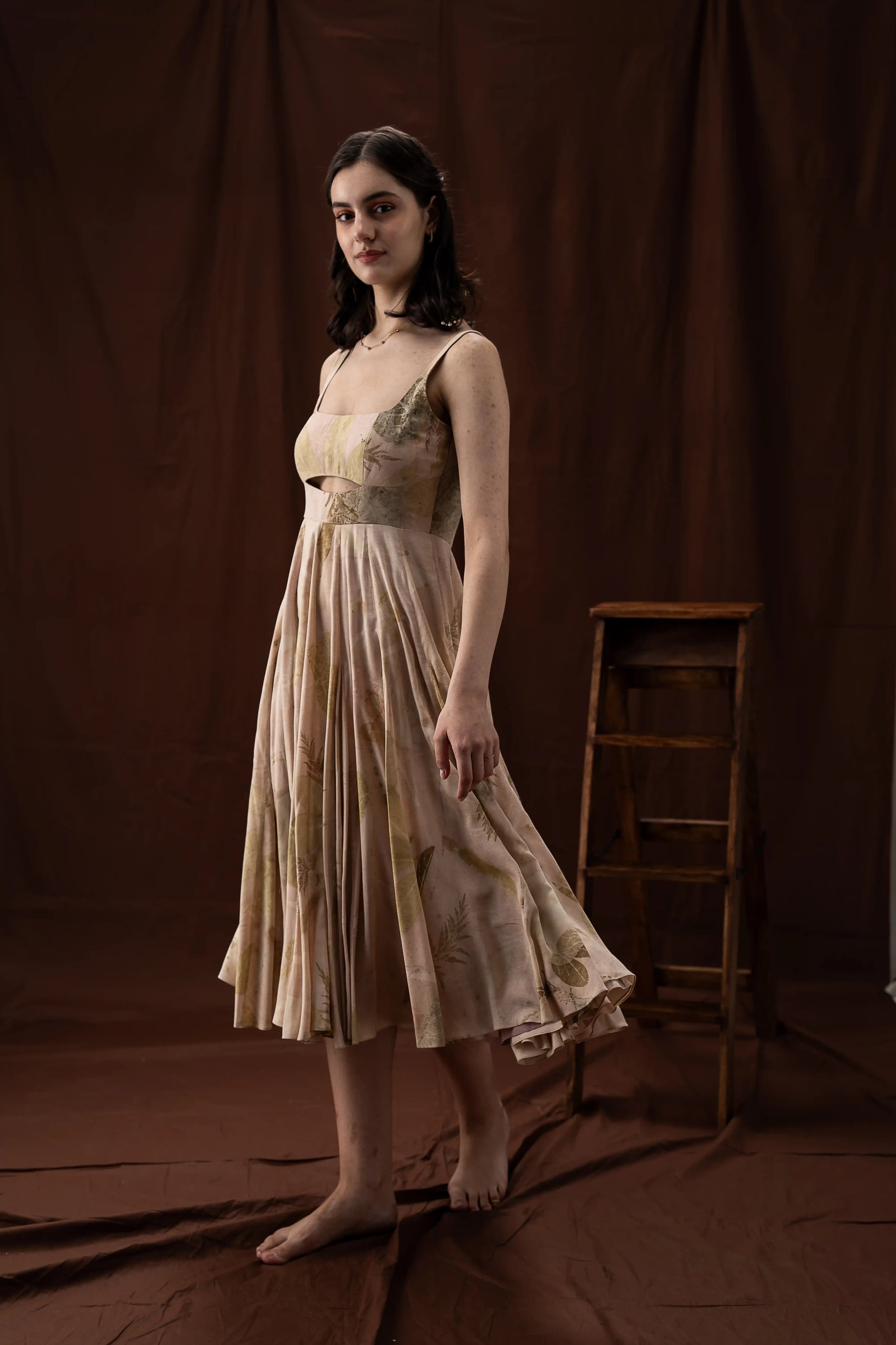 Sophisticated Beige Banana Fabric Square Neck Cut-Out Midi Dress