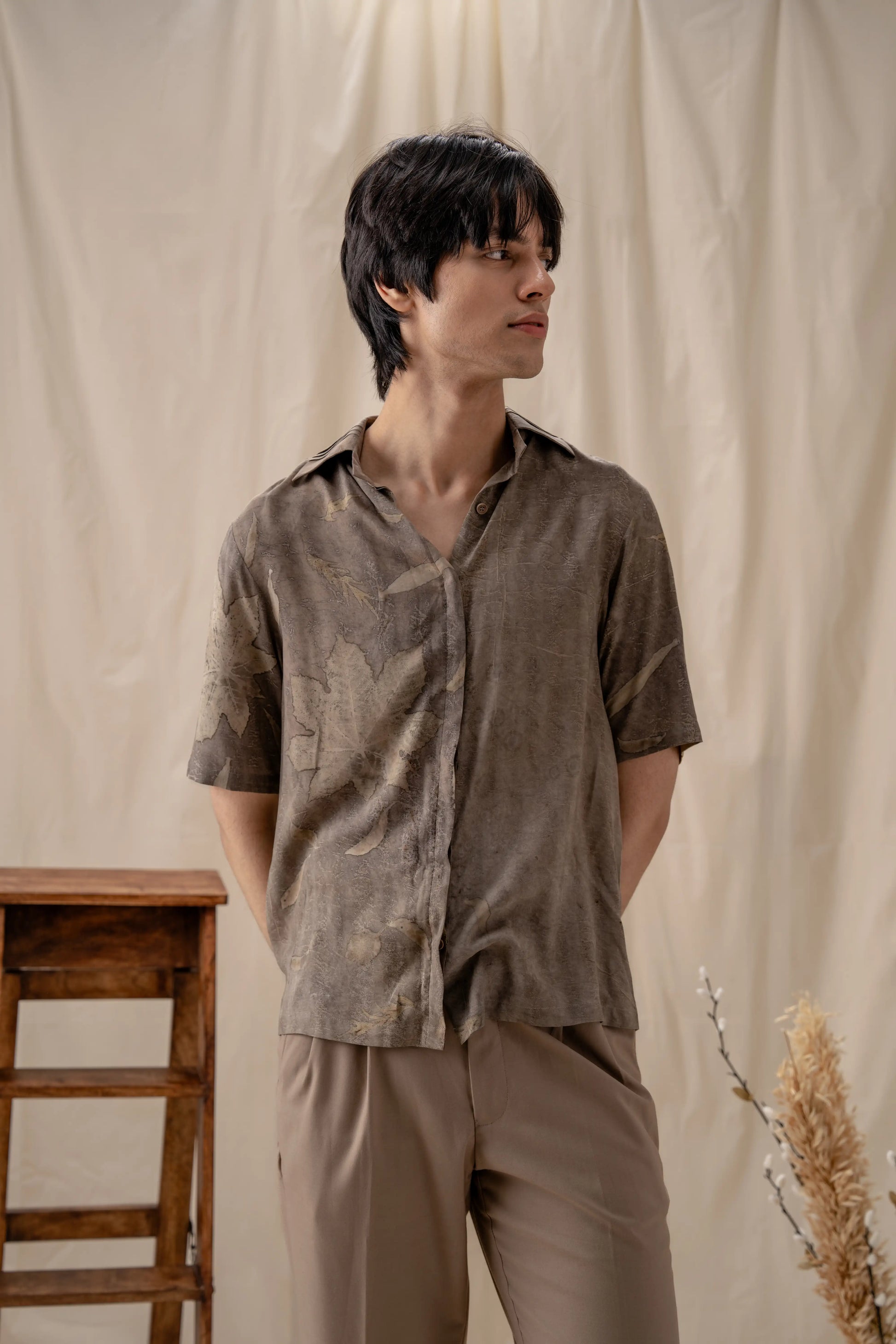 Bold Grey Banana Fiber Botanical Print Relaxed Shirt