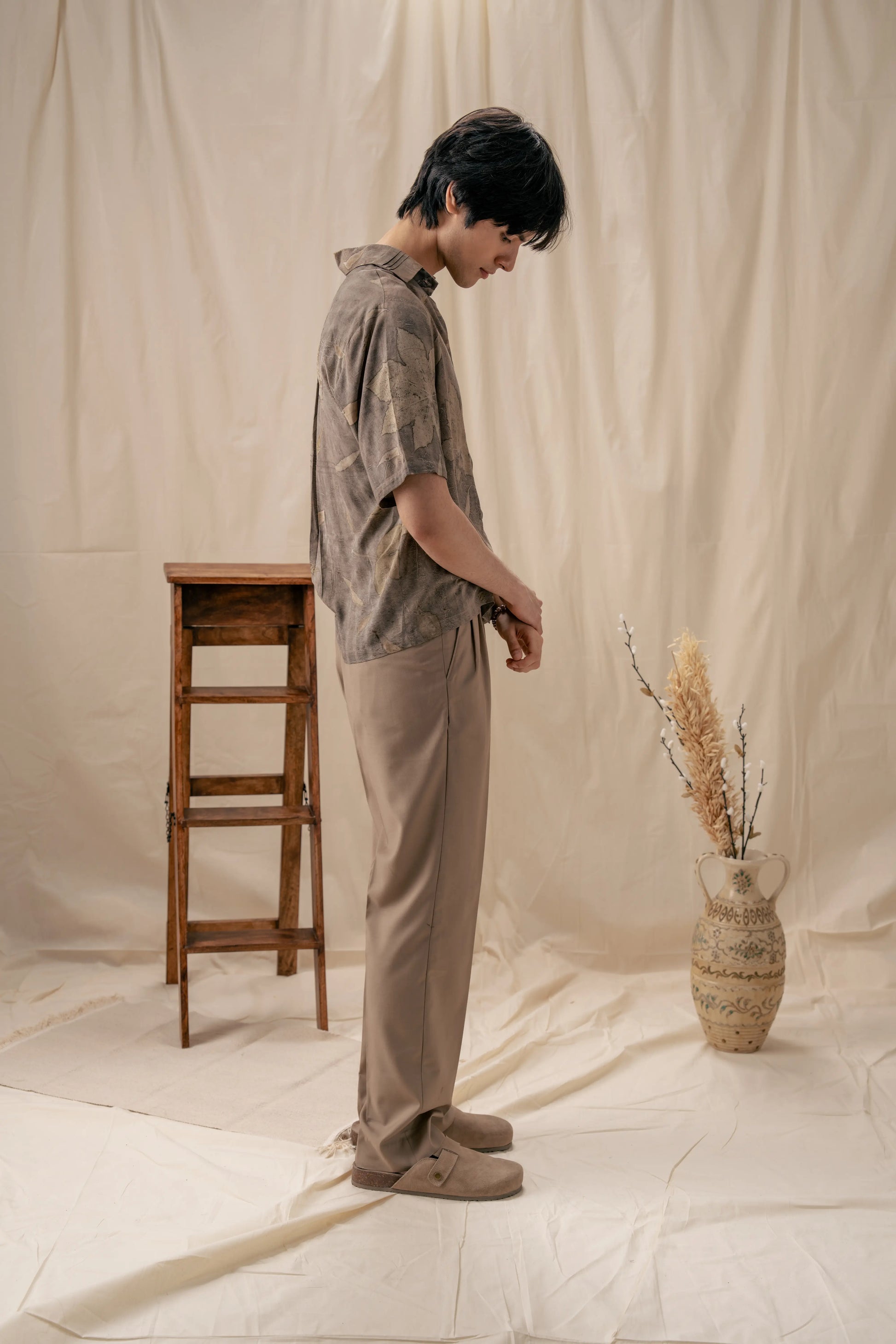 Bold Grey Banana Fiber Botanical Print Relaxed Shirt