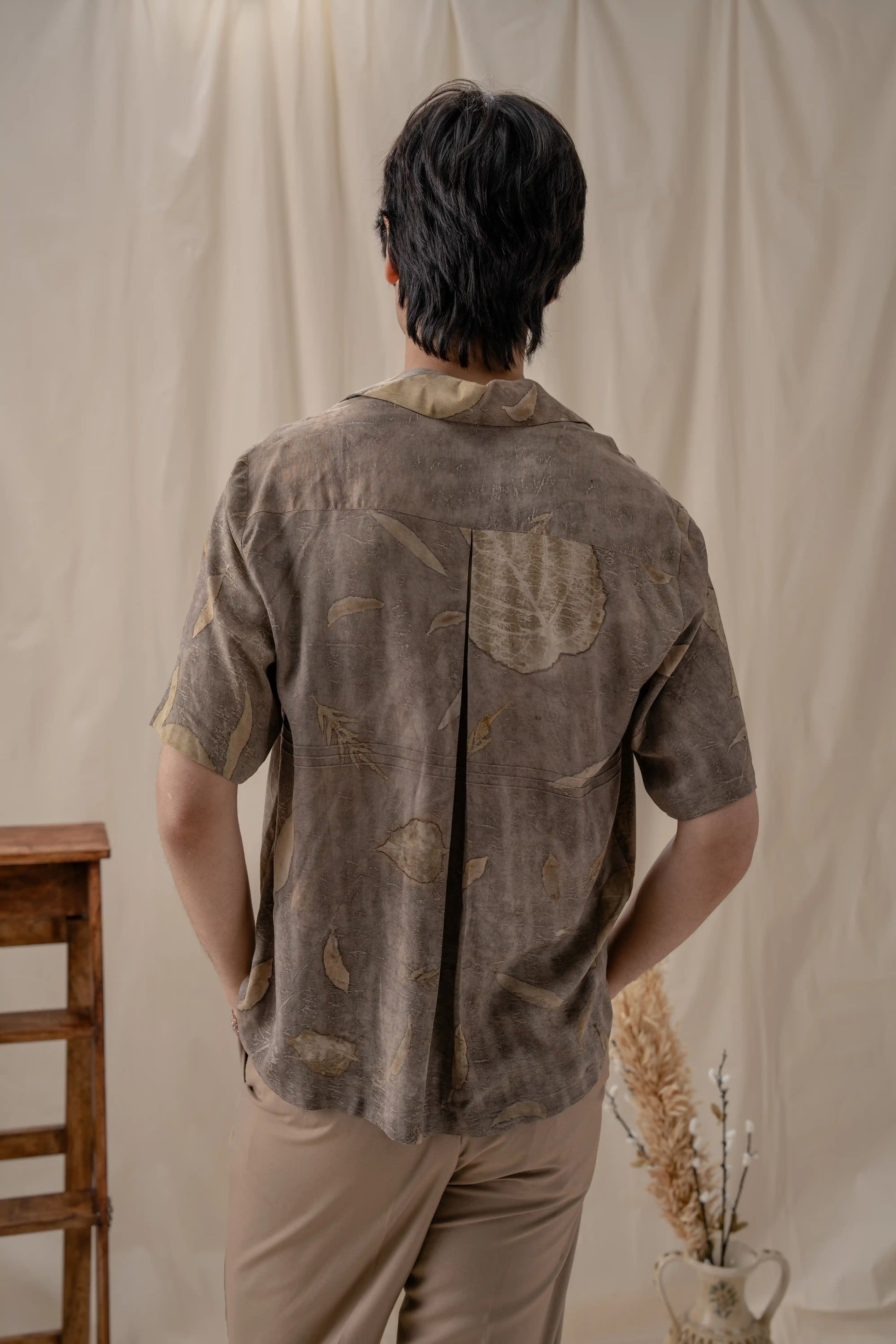 Bold Grey Banana Fiber Botanical Print Relaxed Shirt