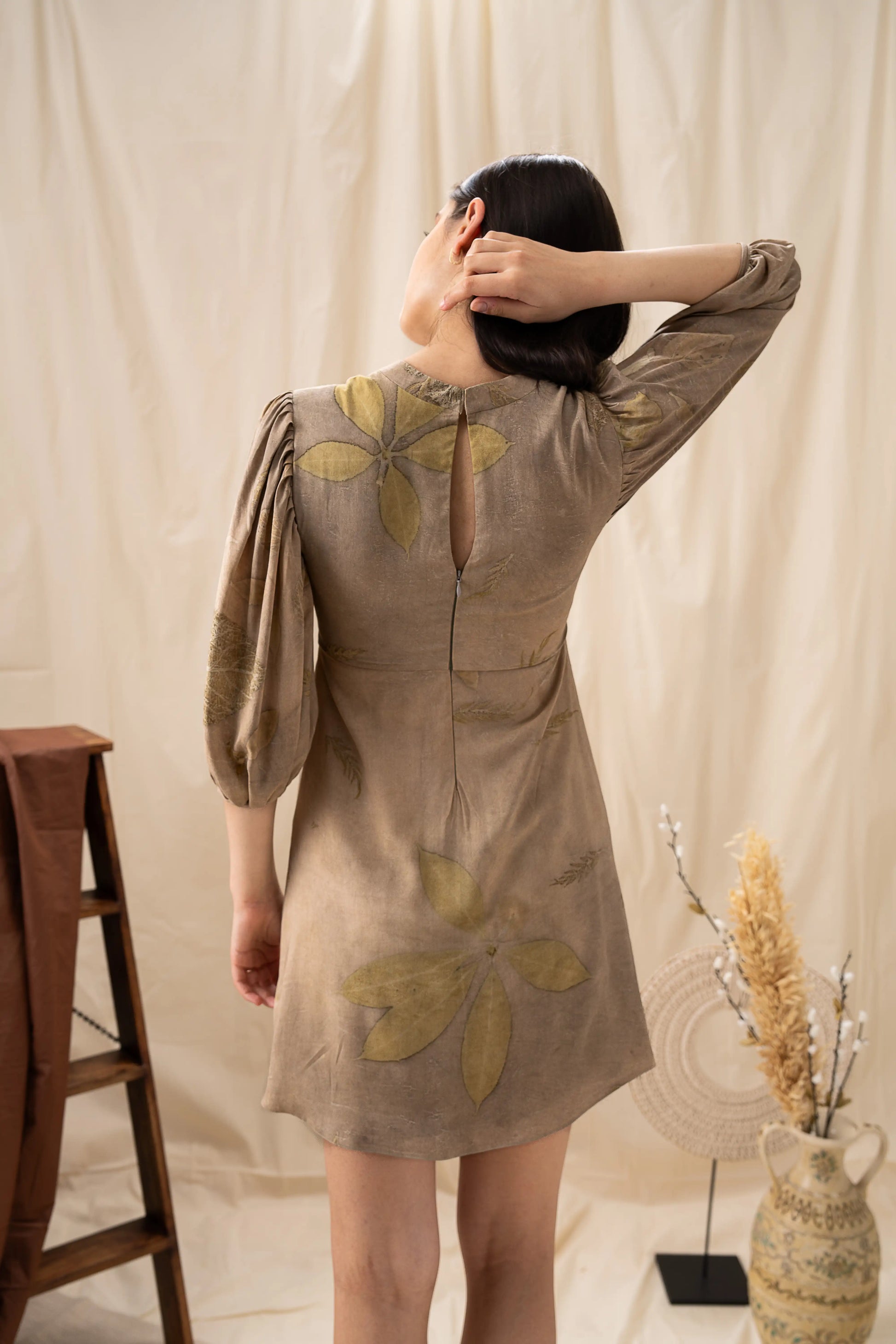 Sophisticated Grey Banana Cellulose V-Neck Botanical Print Midi Dress