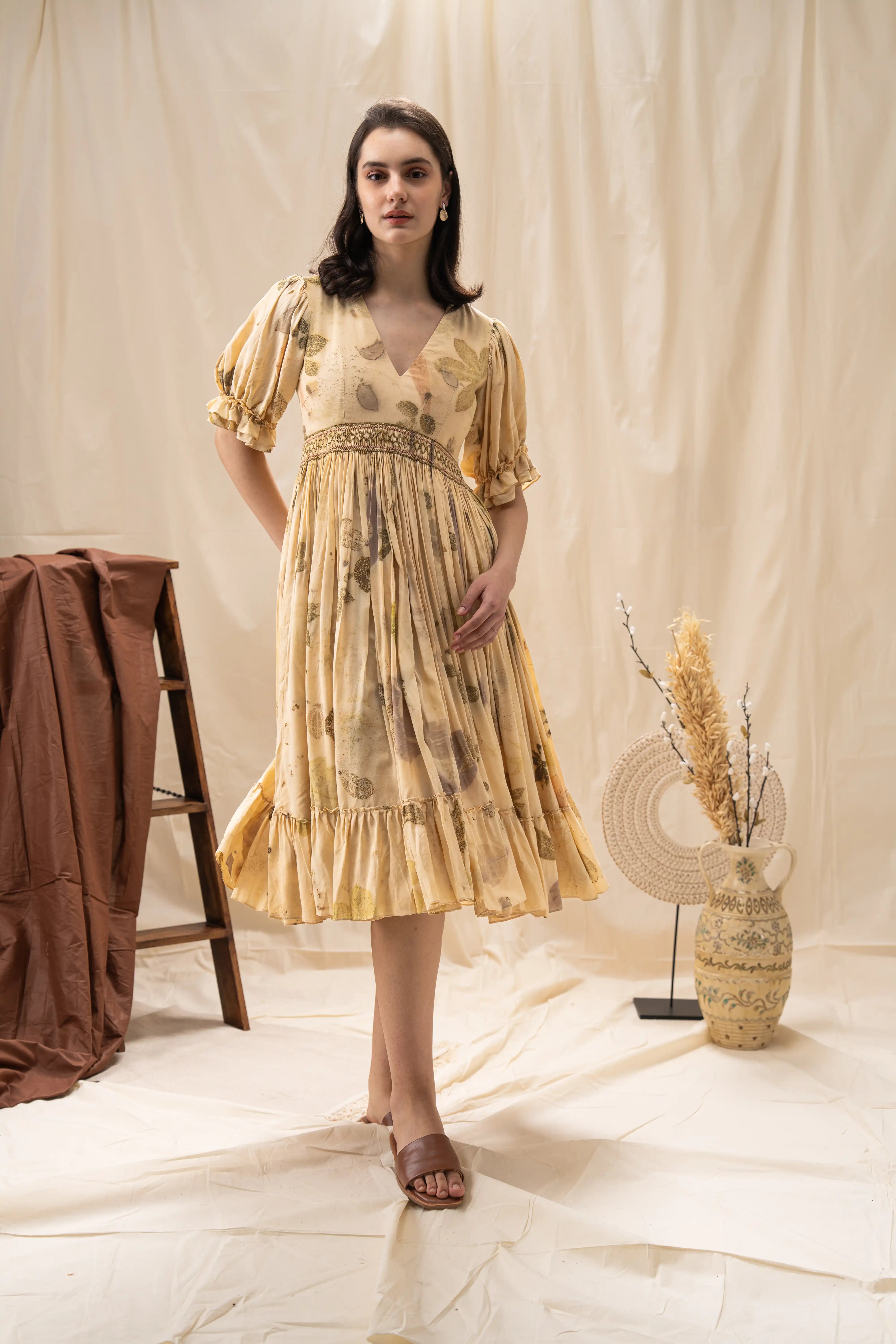 Elegant Yellow Beige Banana Cellulose Puff Sleeve Pleated Midi Dress