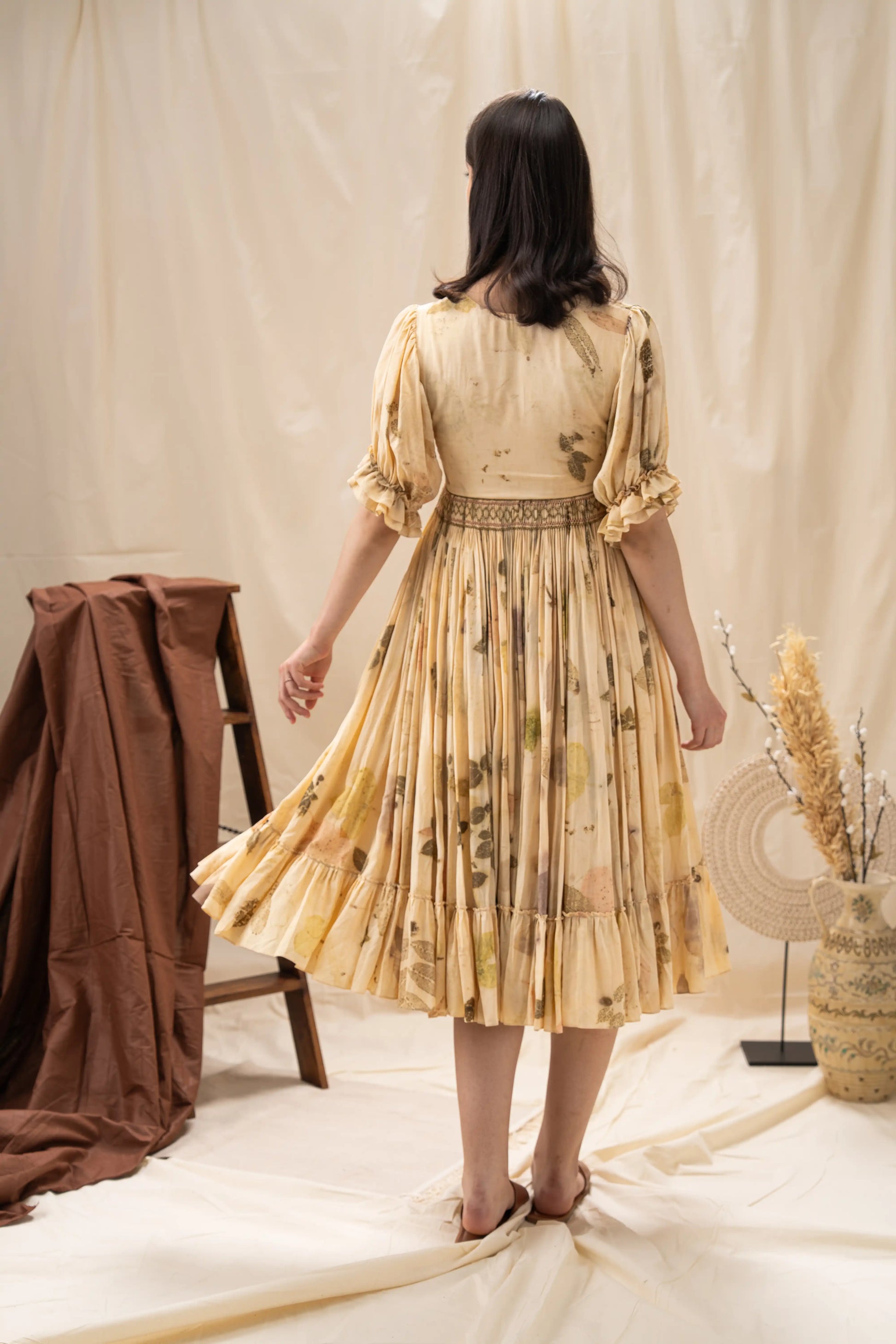 Elegant Yellow Beige Banana Cellulose Puff Sleeve Pleated Midi Dress