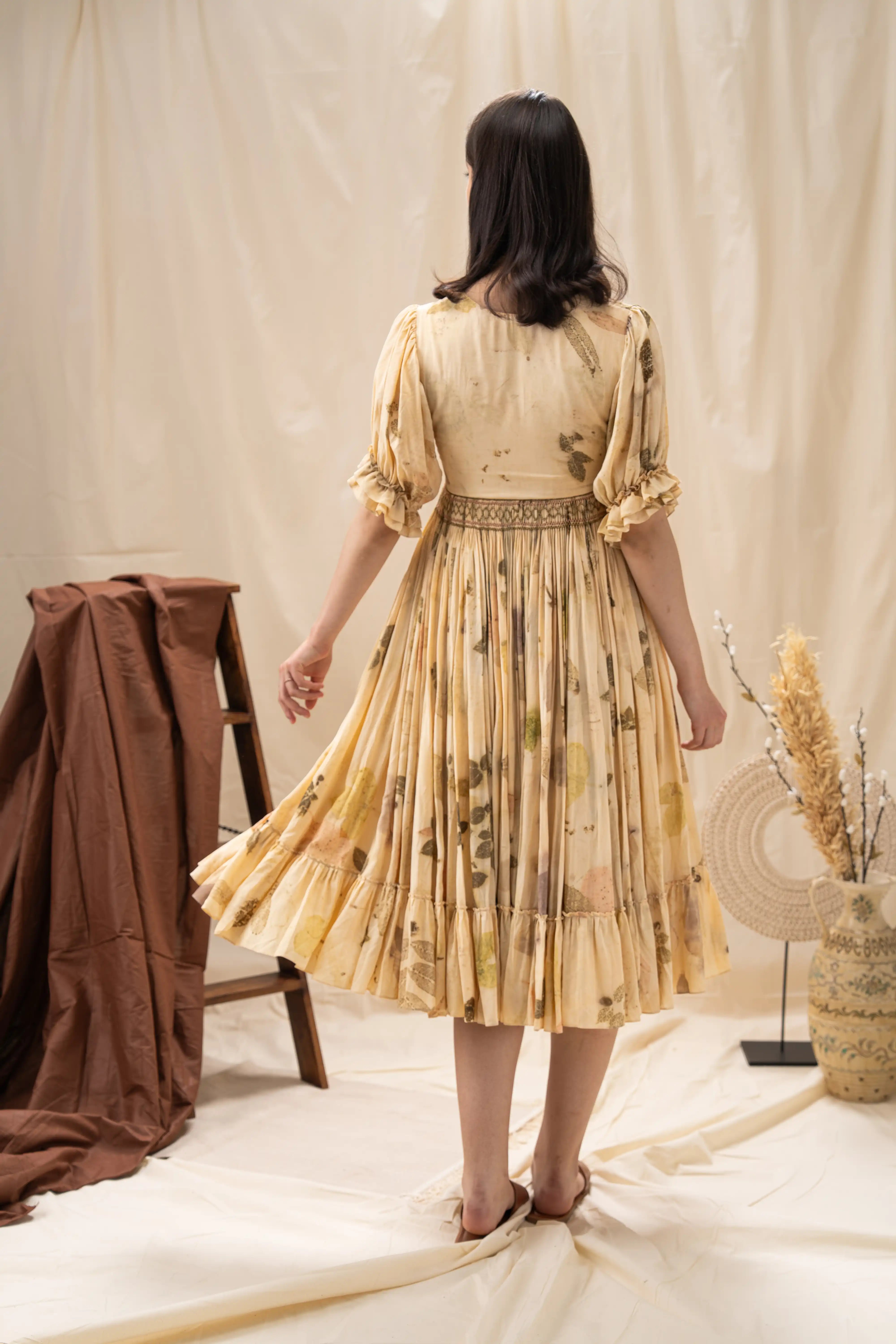 Elegant Yellow Beige Banana Cellulose Puff Sleeve Pleated Midi Dress