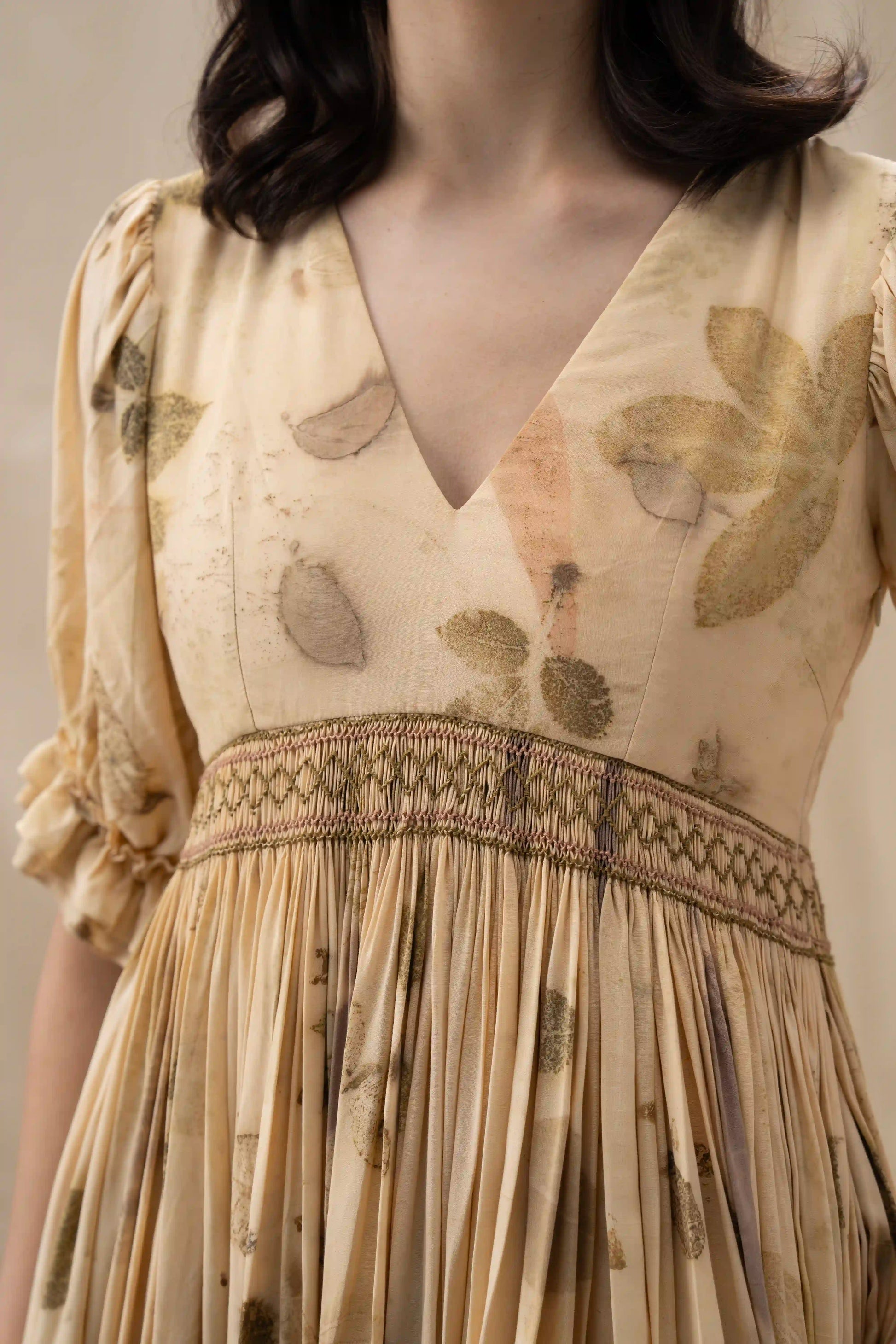 Elegant Yellow Beige Banana Cellulose Puff Sleeve Pleated Midi Dress