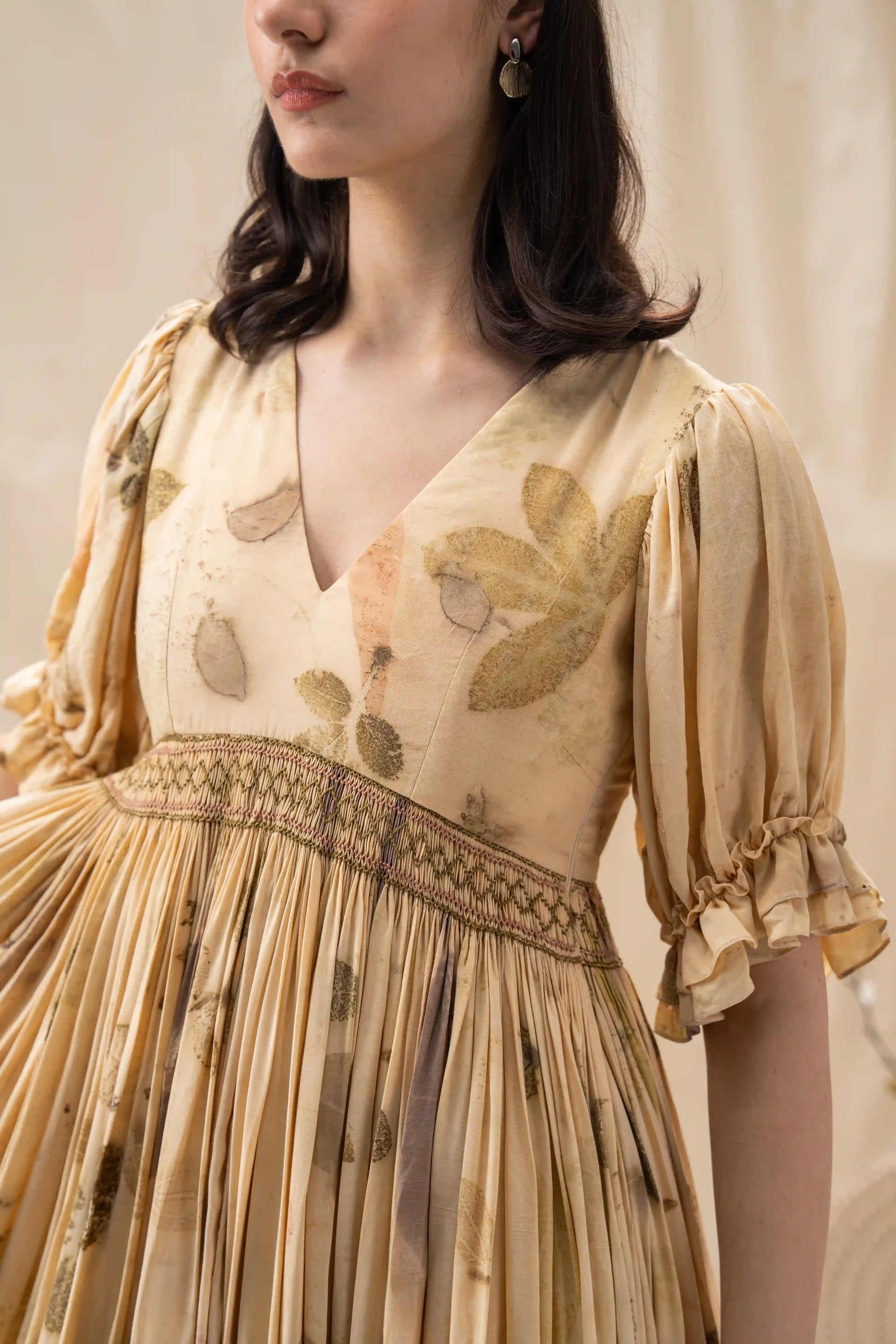 Elegant Yellow Beige Banana Cellulose Puff Sleeve Pleated Midi Dress