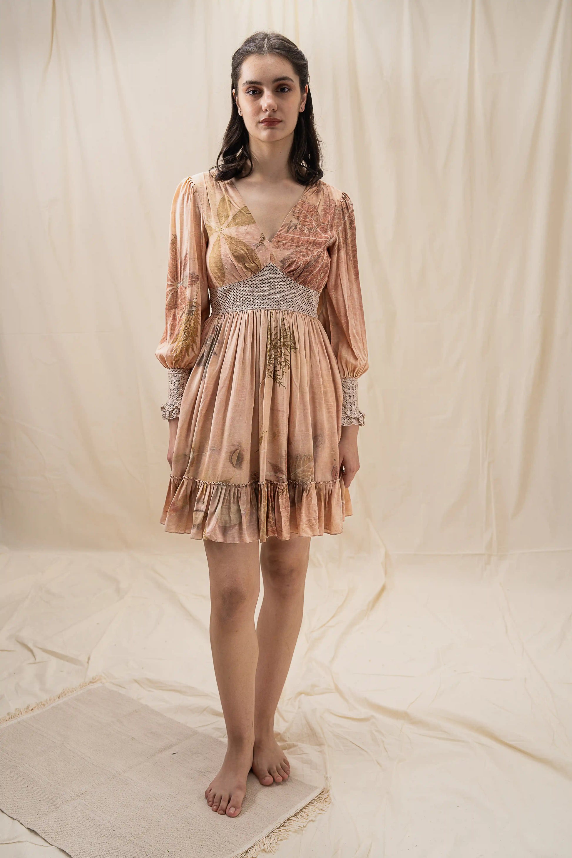 Romantic Peachy Pink Banana Cellulose V-Neck Crochet Mini Dress