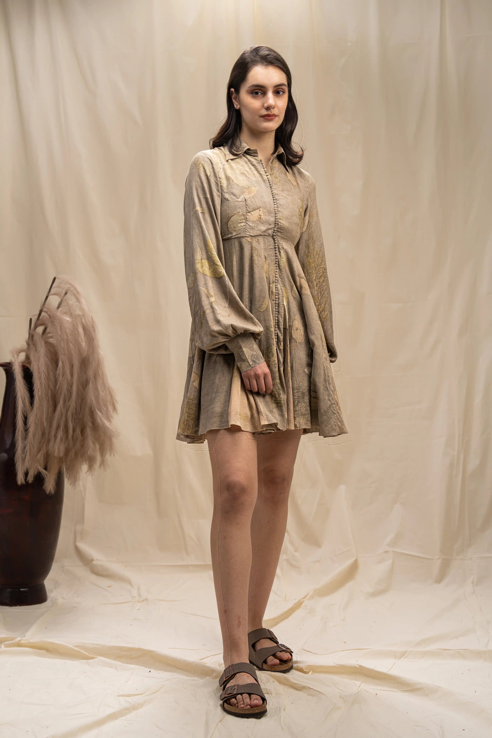 Versatile Grey Banana Cellulose Collared Button-Down Midi Dress