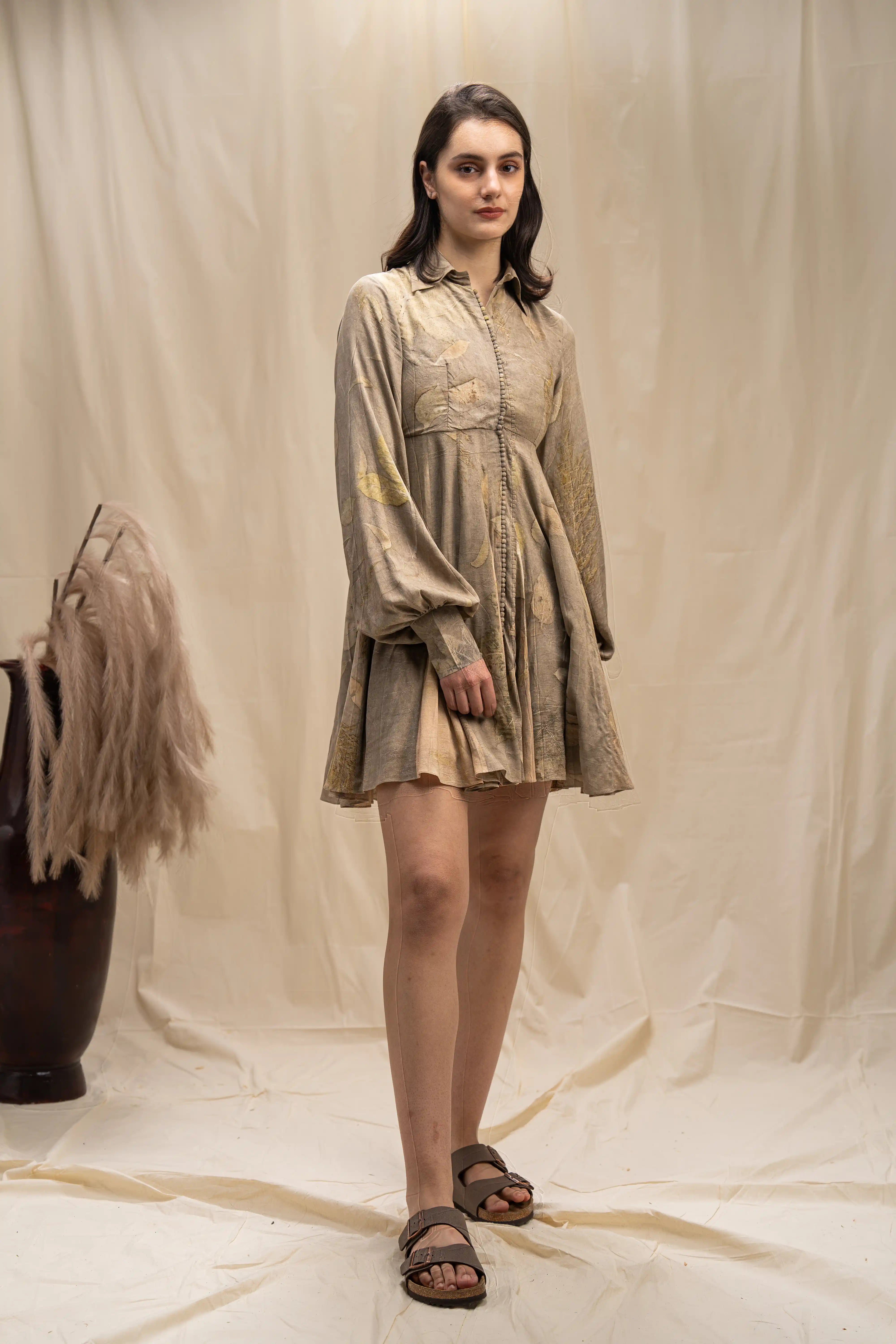 Versatile Grey Banana Cellulose Collared Button-Down Midi Dress