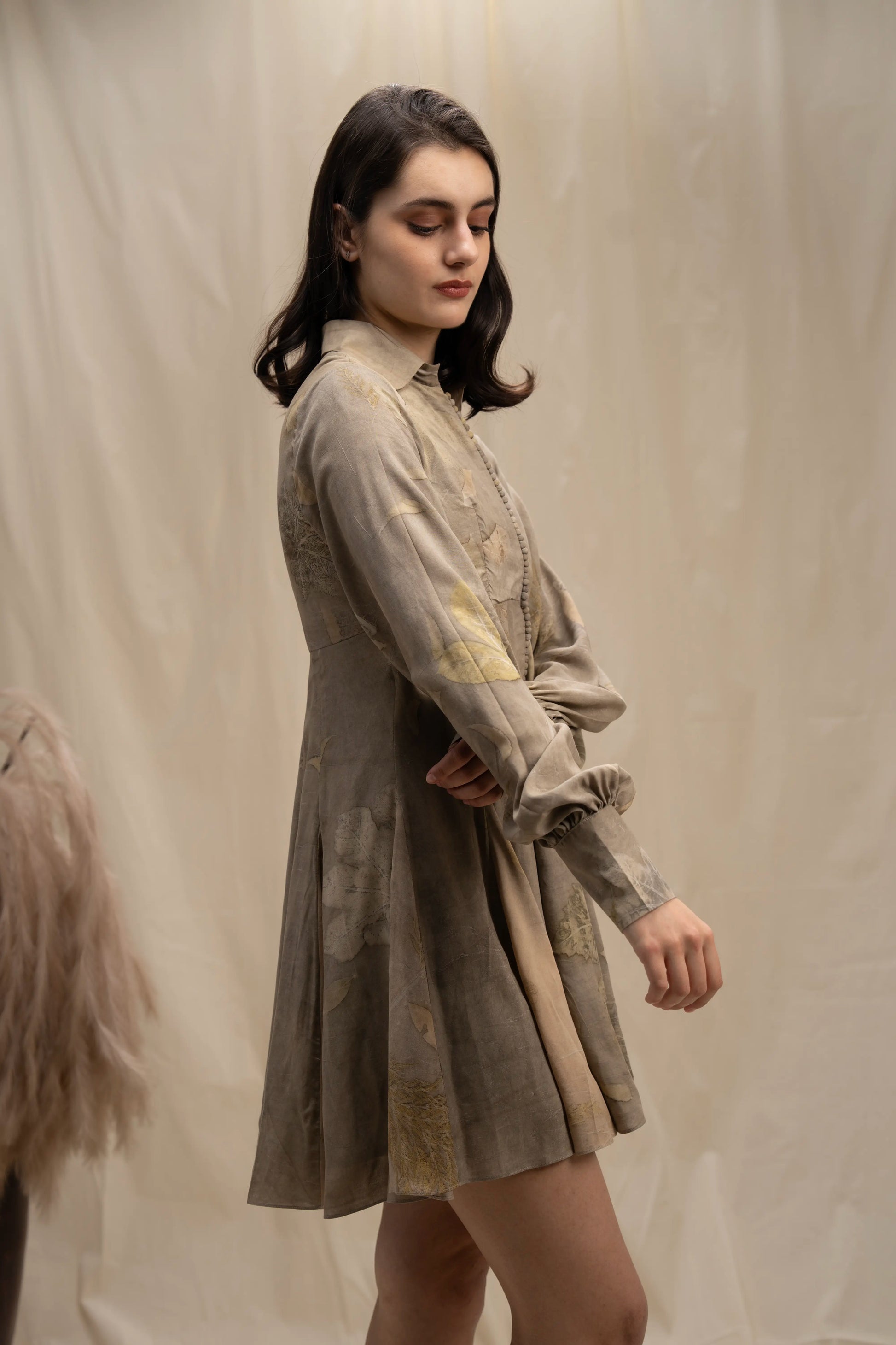 Versatile Grey Banana Cellulose Collared Button-Down Midi Dress