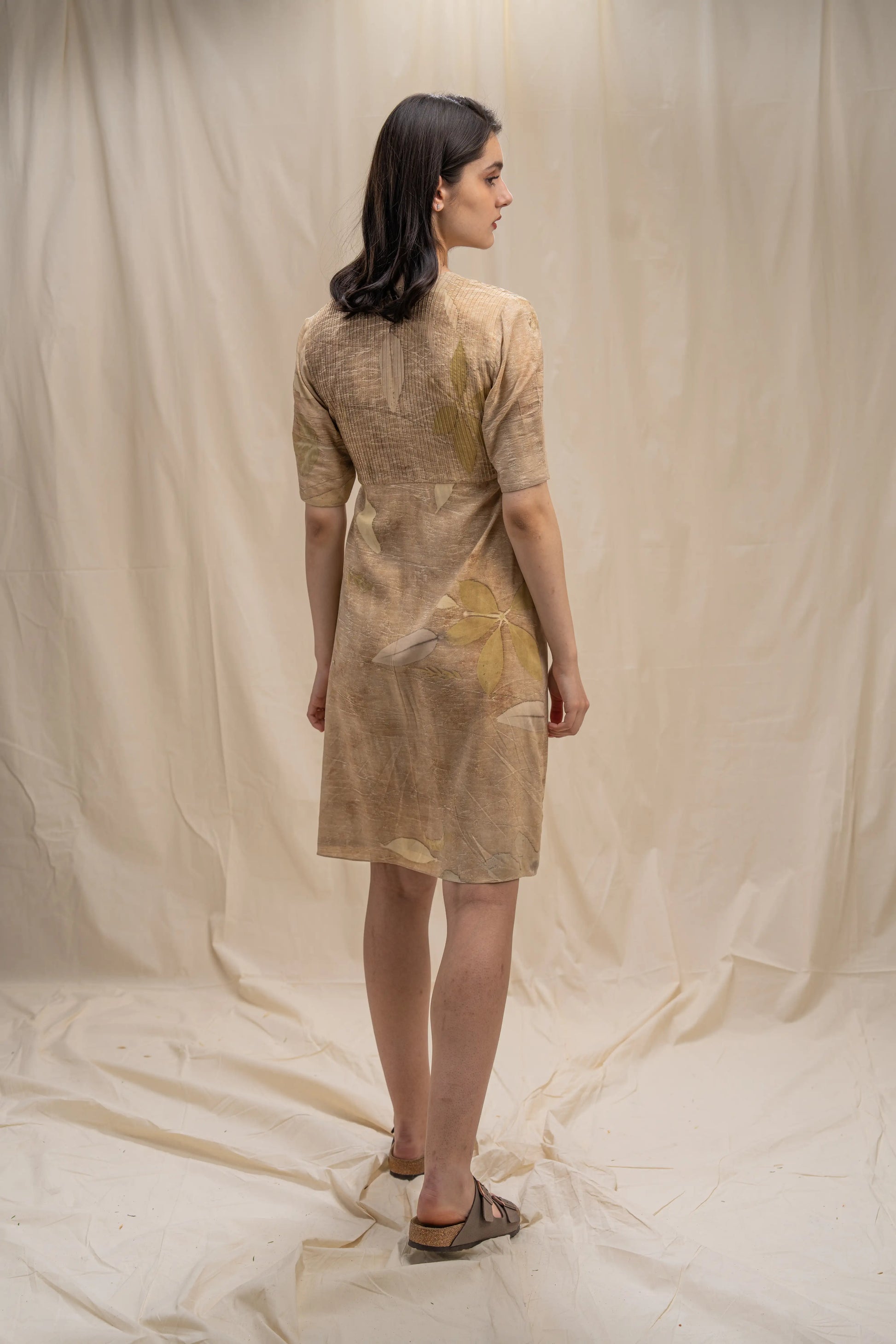 Sustainable Beige Bamboo Fabric V-Neck Pleated Textured Midi Dress