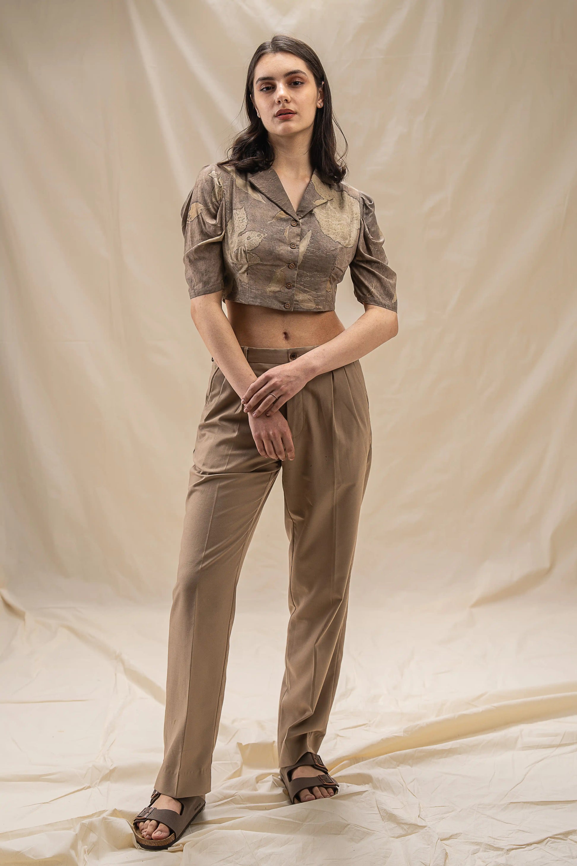 Sophisticated Grey Banana Cellulose Lapel Cropped Blazer Eco-Print