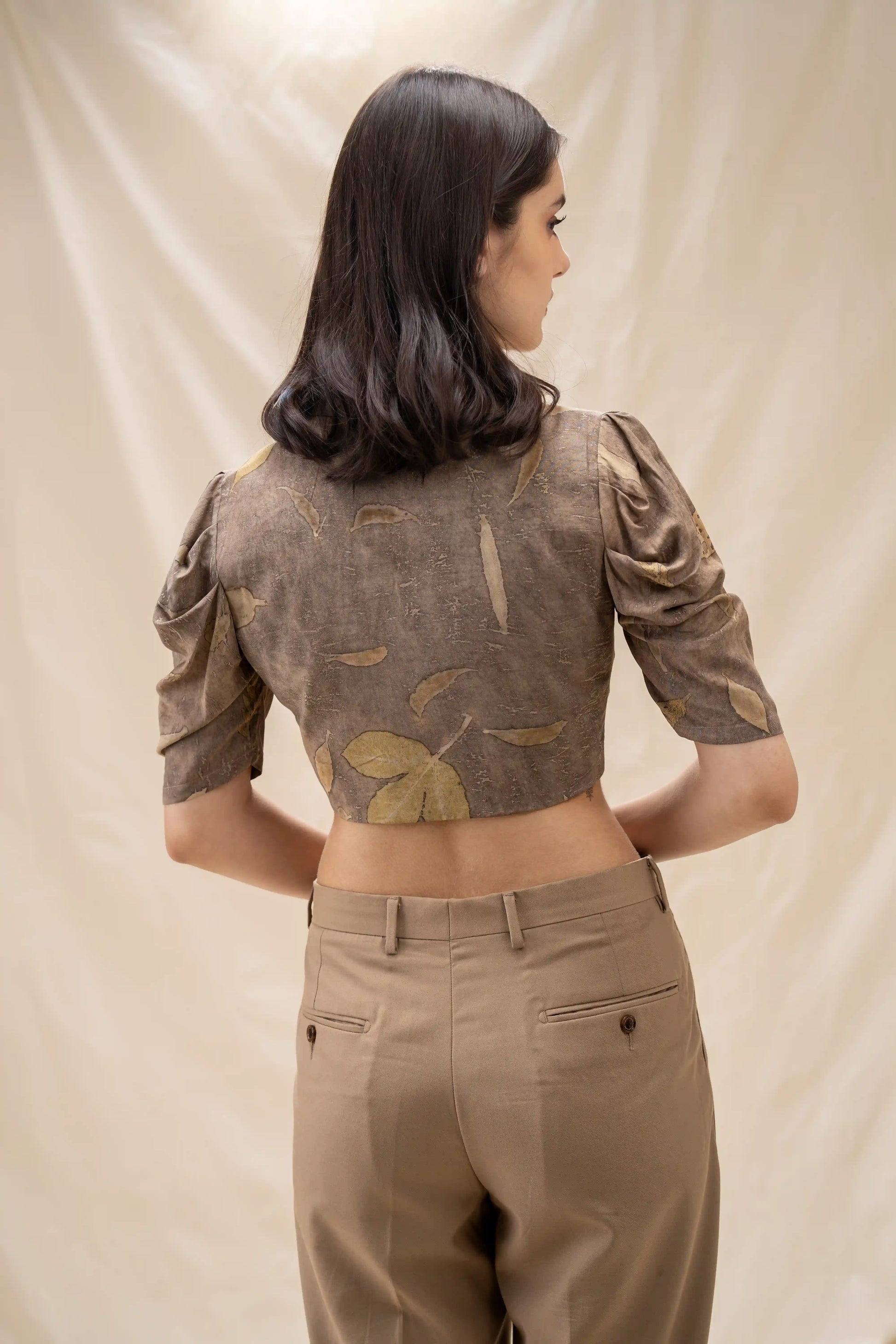 Sophisticated Grey Banana Cellulose Lapel Cropped Blazer Eco-Print