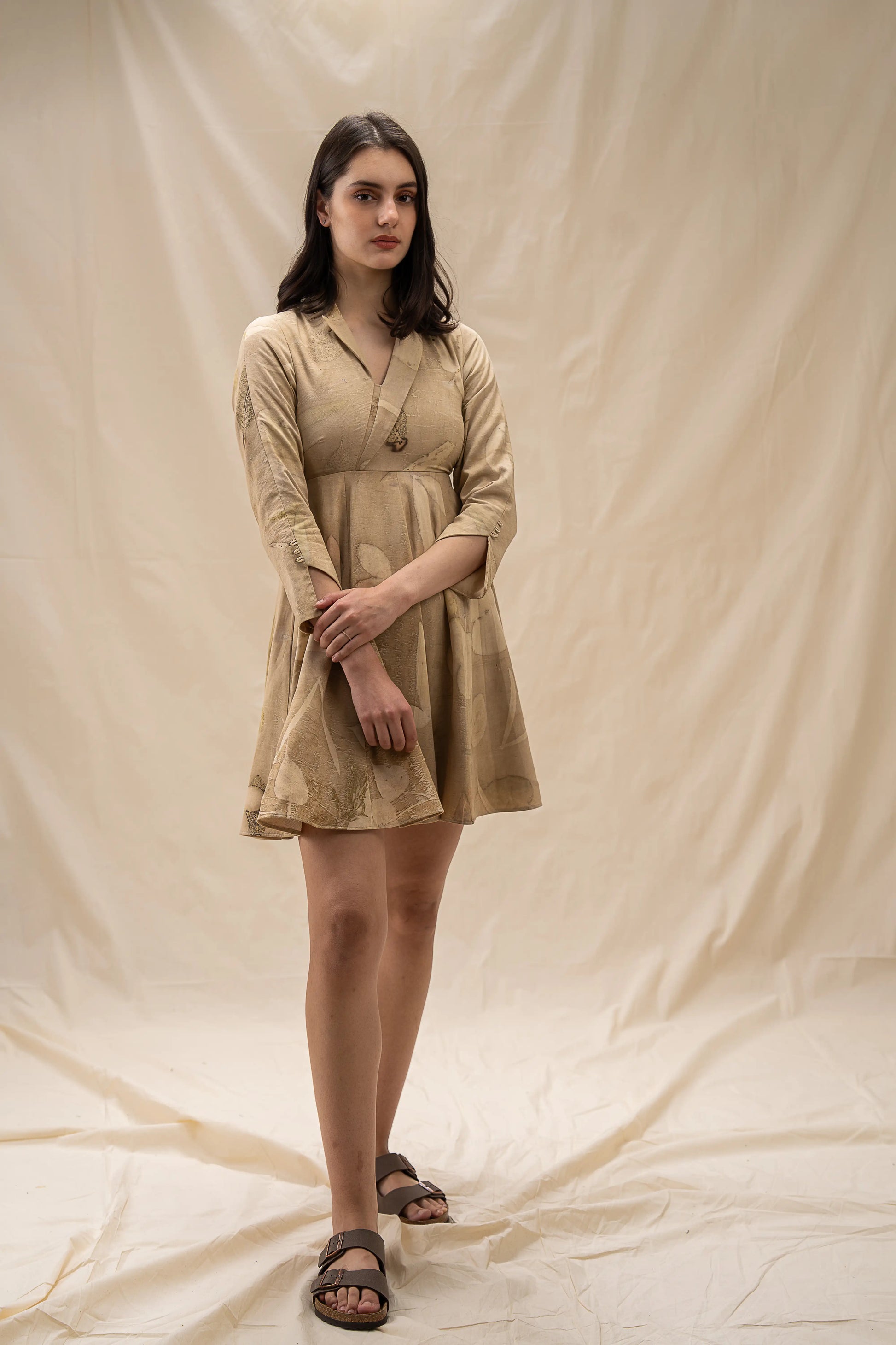 Elegant Beige Cream Banana Cellulose Lapel Wrap Midi Dress