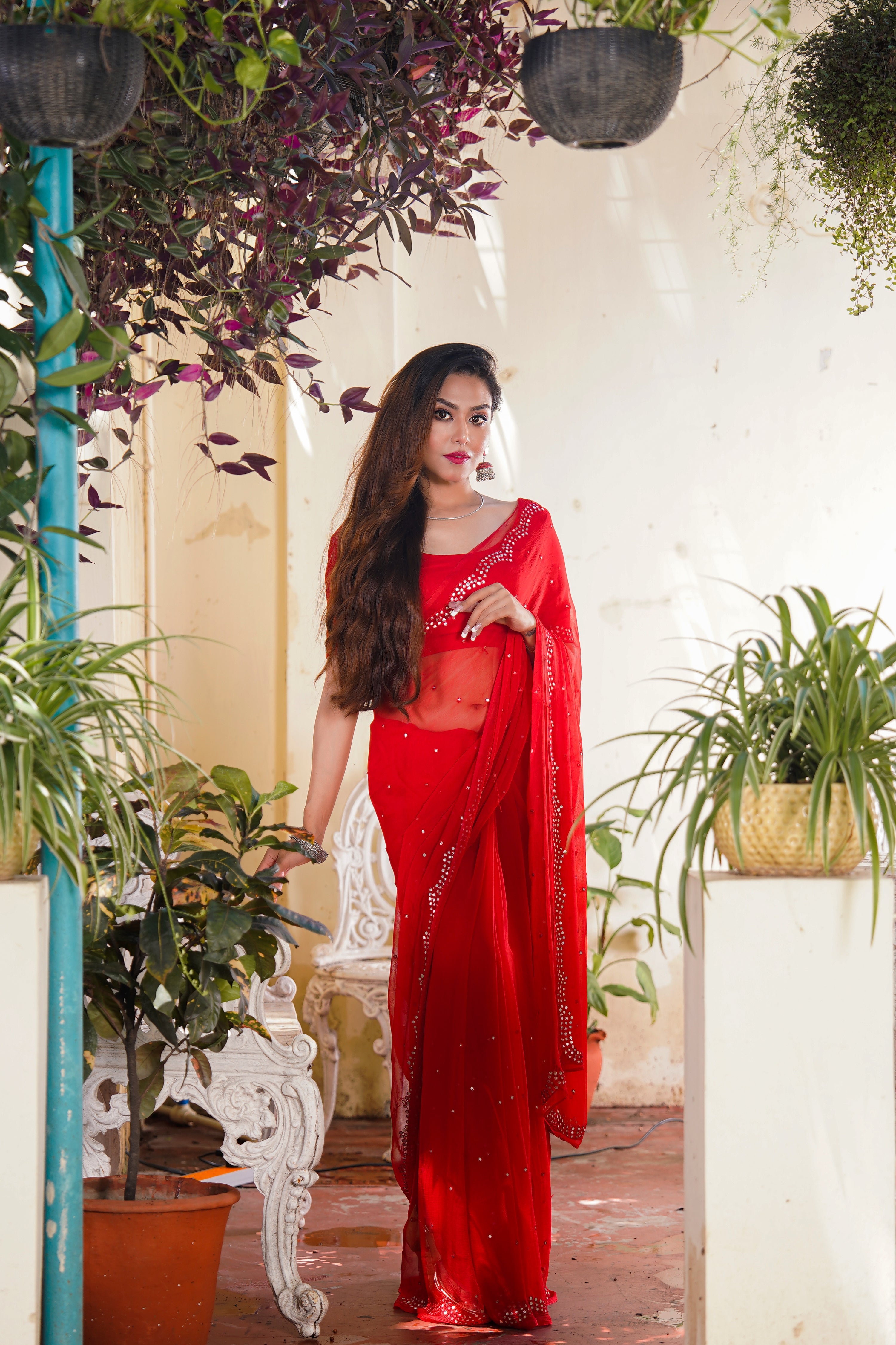 Elegant Crimson Red Chiffon Saree Mirror Work Floral