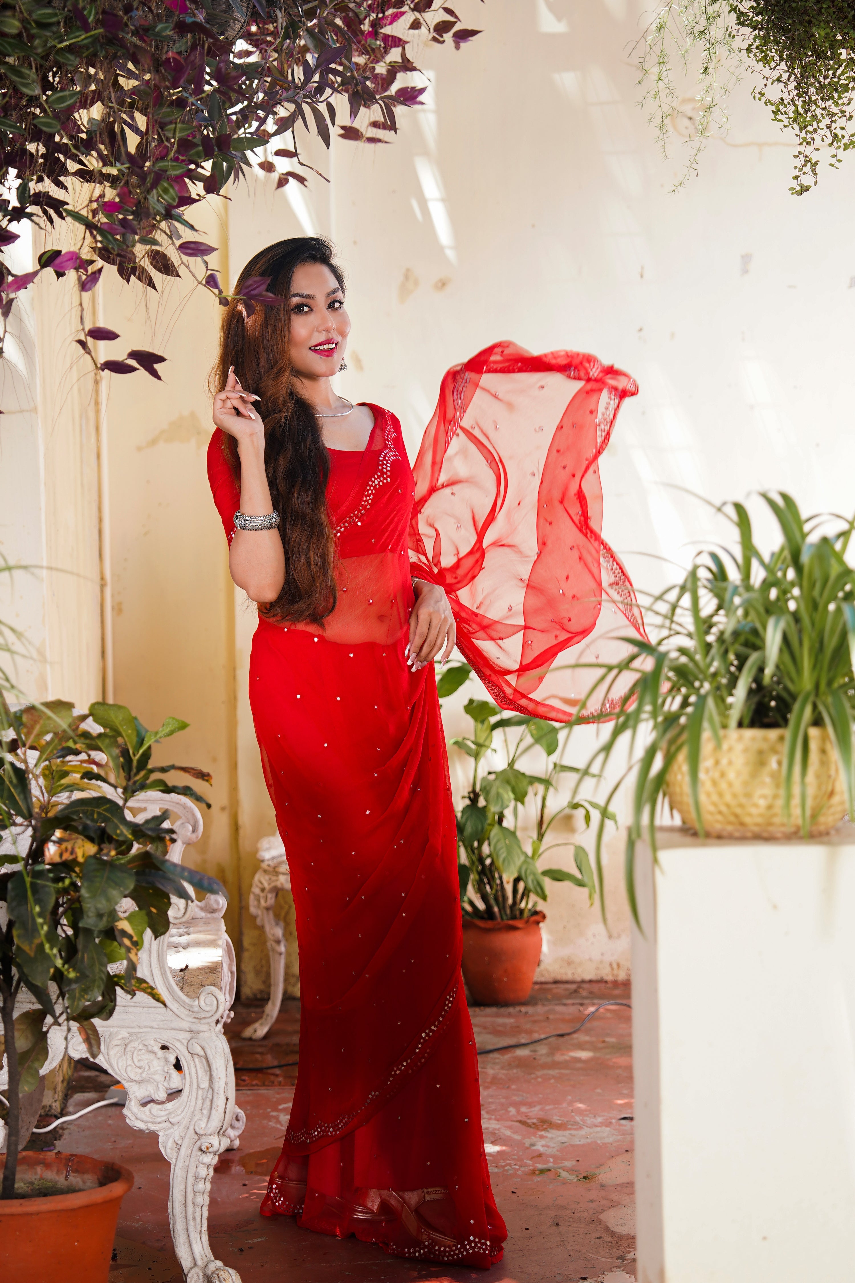 Elegant Crimson Red Chiffon Saree Mirror Work Floral