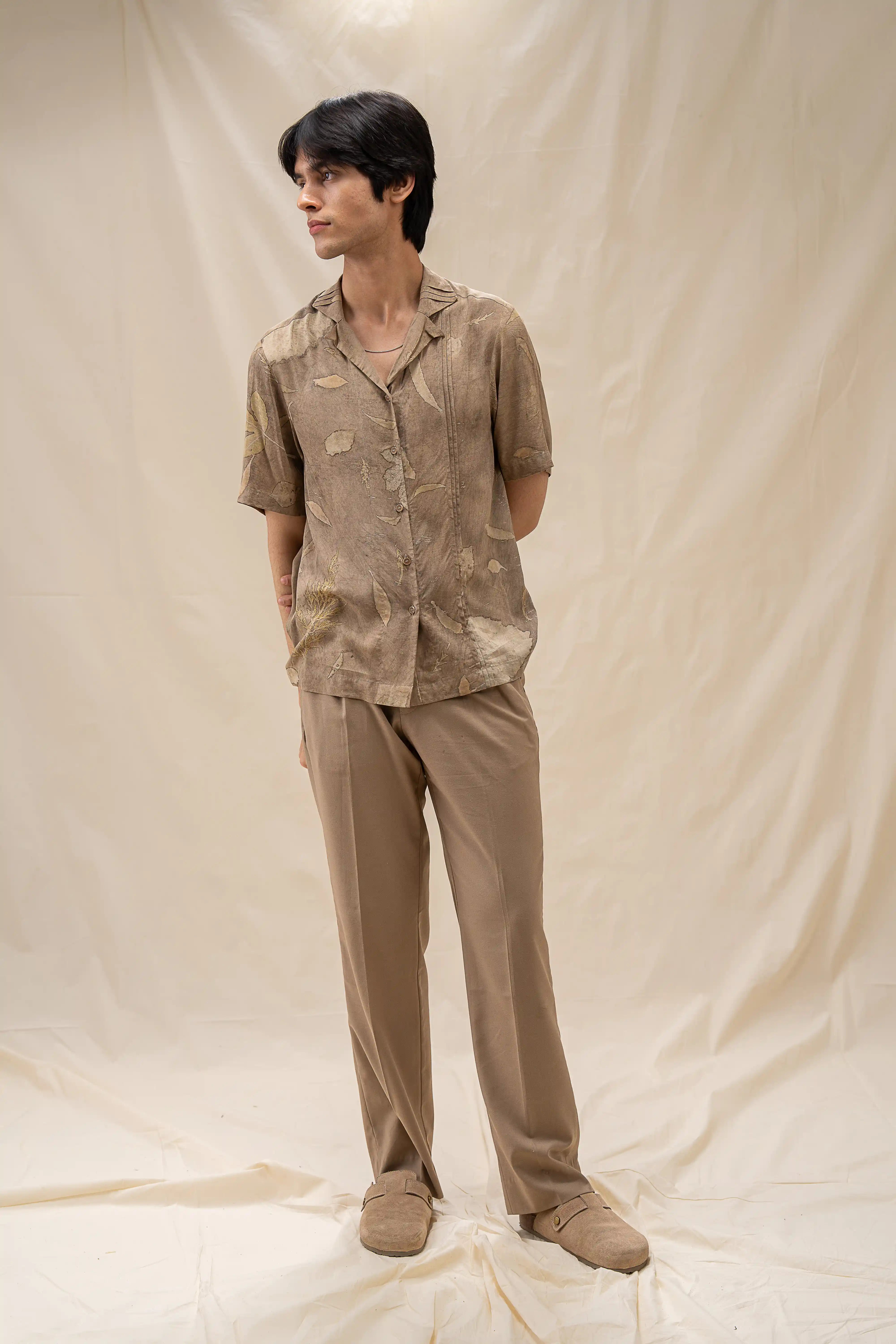 Earthy Beige Brown Banana Fiber Botanical Print Button-Down Shirt