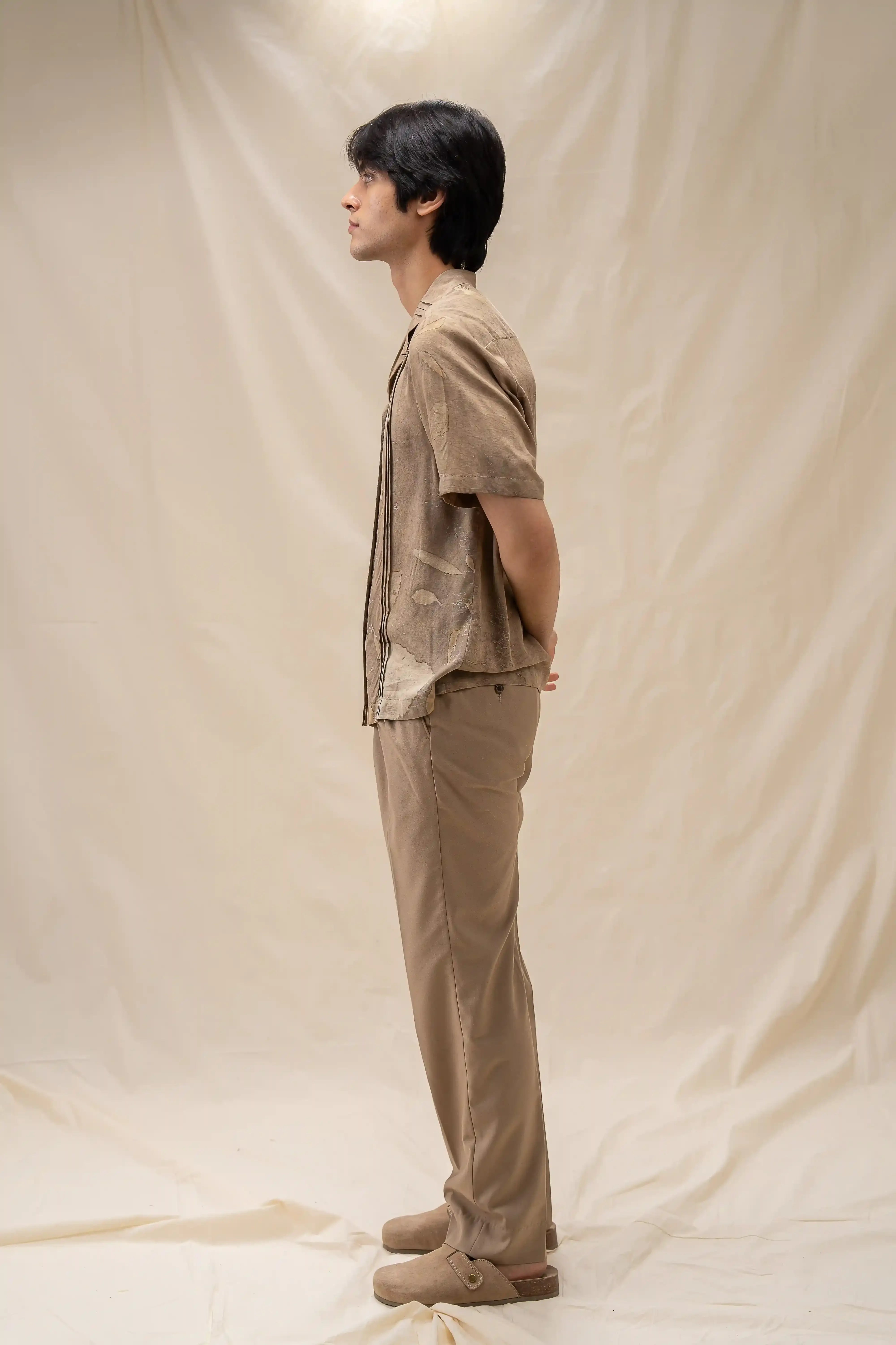 Earthy Beige Brown Banana Fiber Botanical Print Button-Down Shirt
