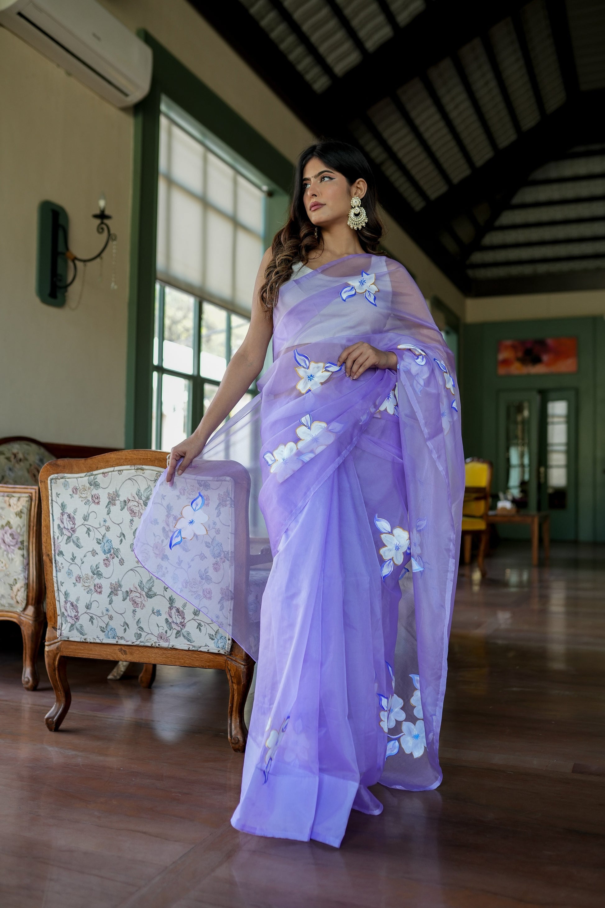 Attractive Blue Lavender Organza Handpainted Saree Gold Zari Floral