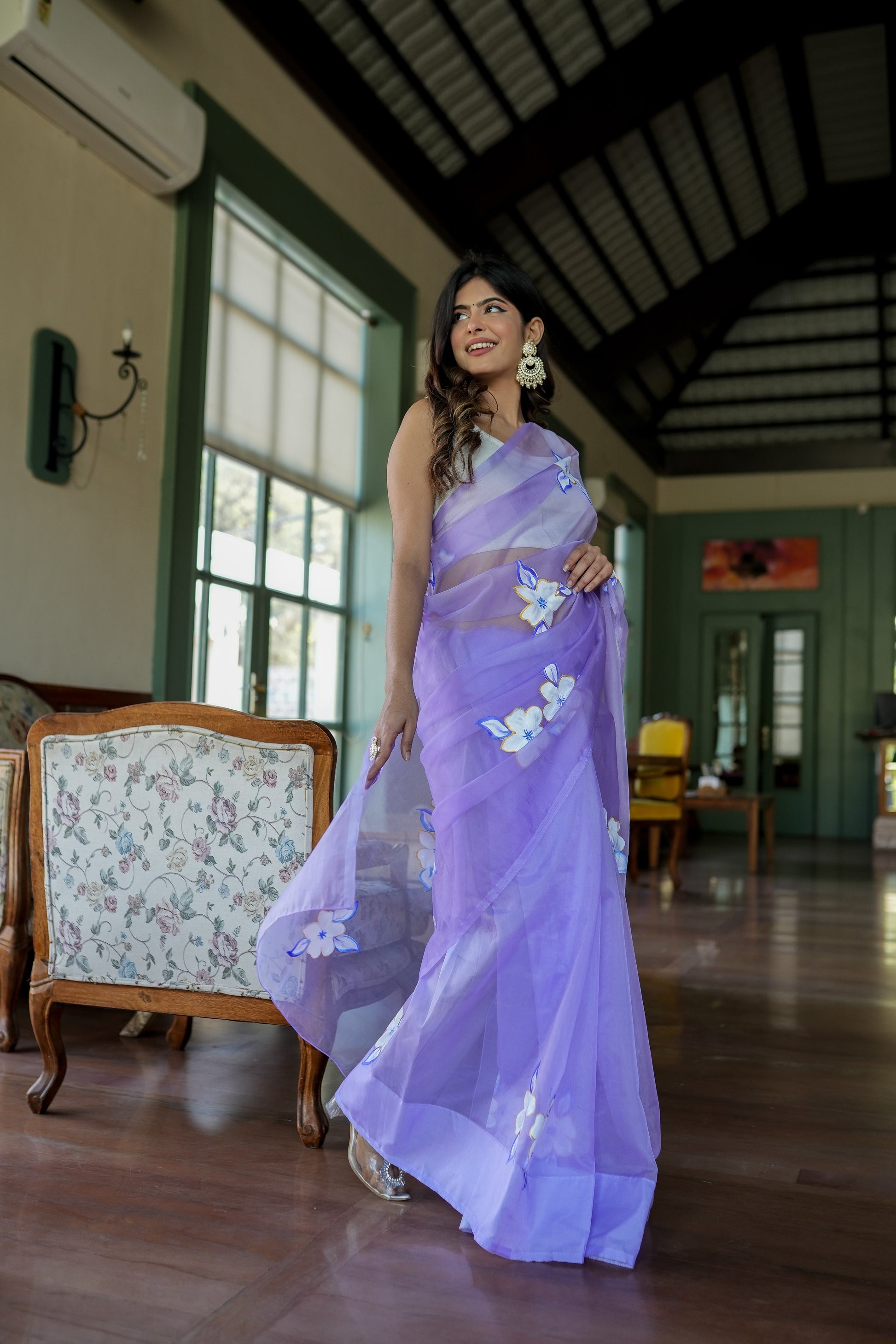 Attractive Blue Lavender Organza Handpainted Saree Gold Zari Floral