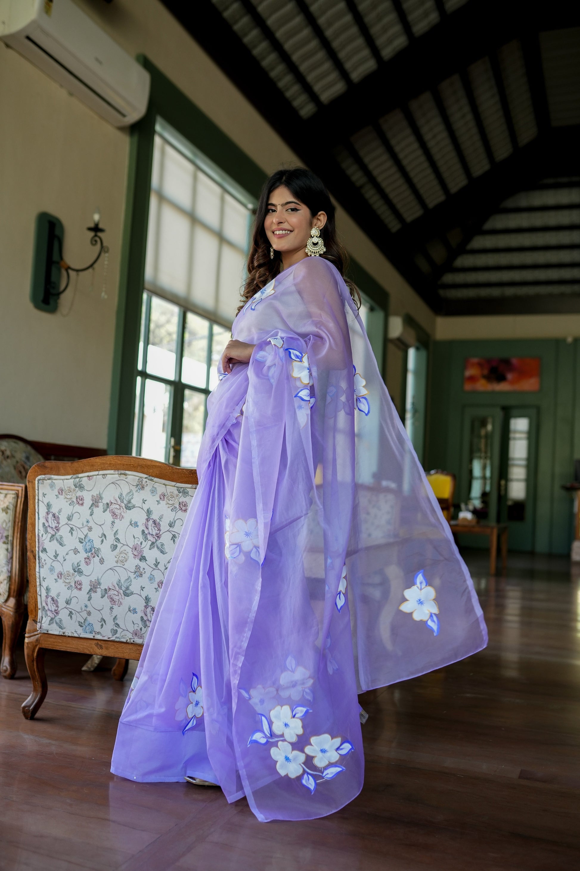 Attractive Blue Lavender Organza Handpainted Saree Gold Zari Floral