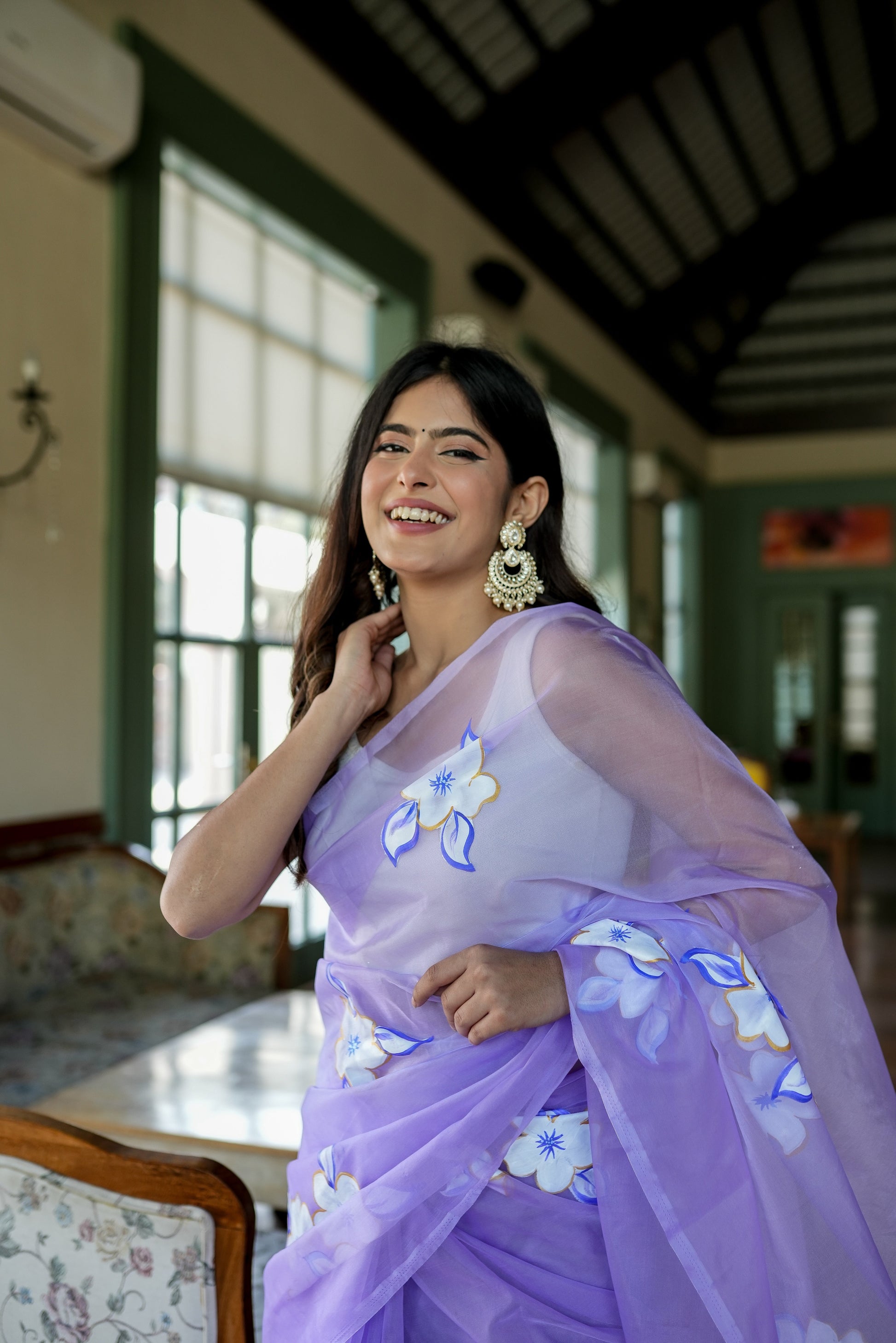 Attractive Blue Lavender Organza Handpainted Saree Gold Zari Floral