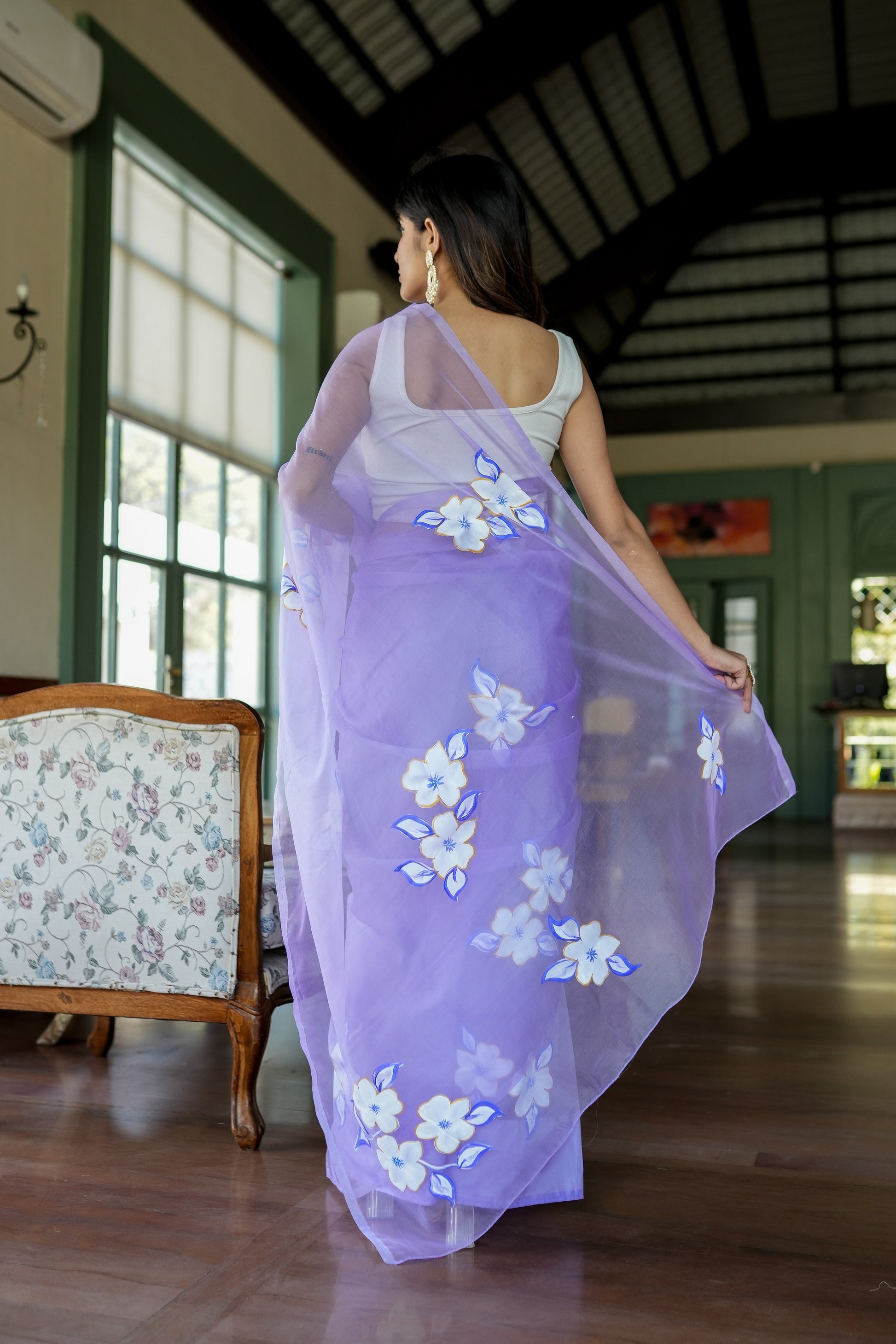 Attractive Blue Lavender Organza Handpainted Saree Gold Zari Floral