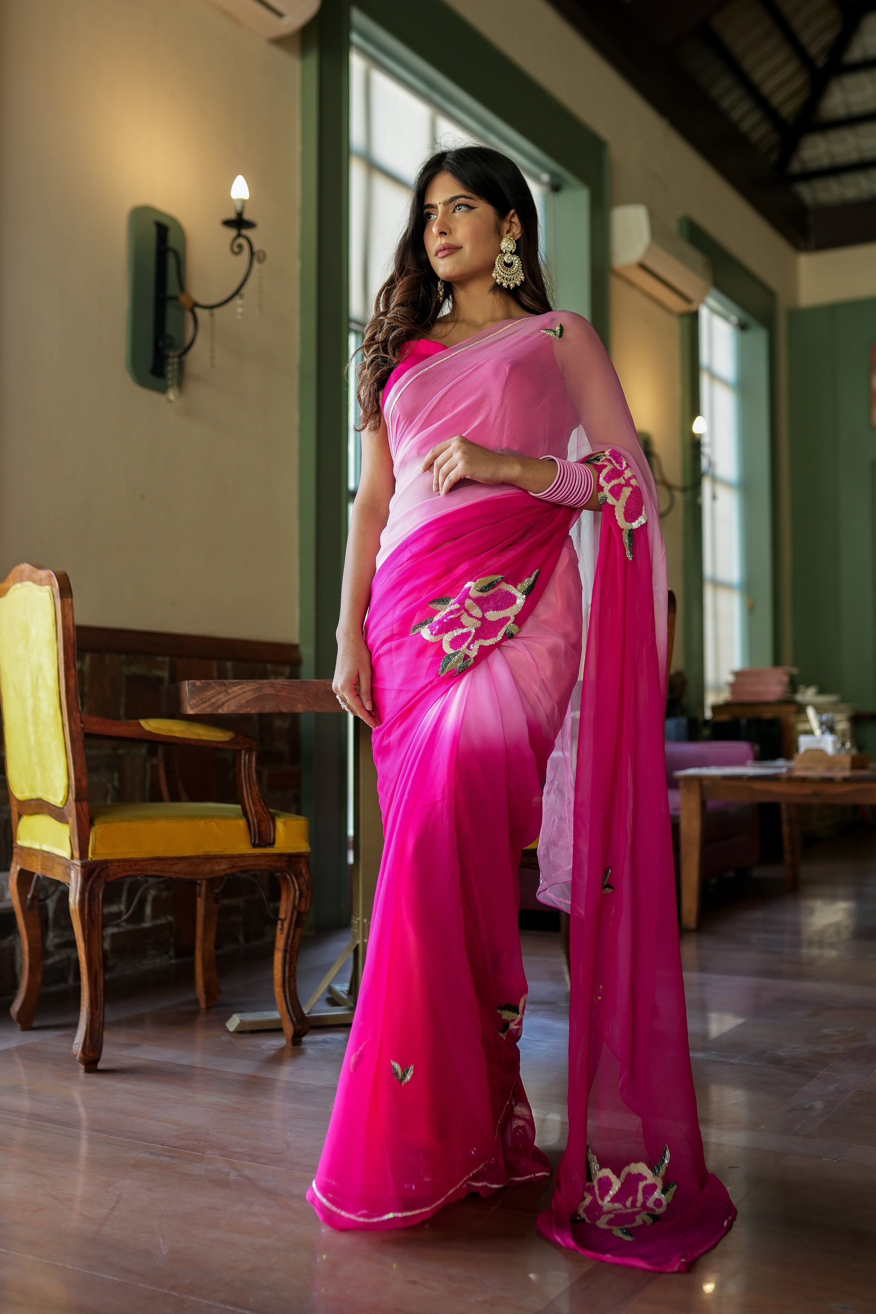 Glamorous Pink Chiffon Saree Sequins Handwork Floral