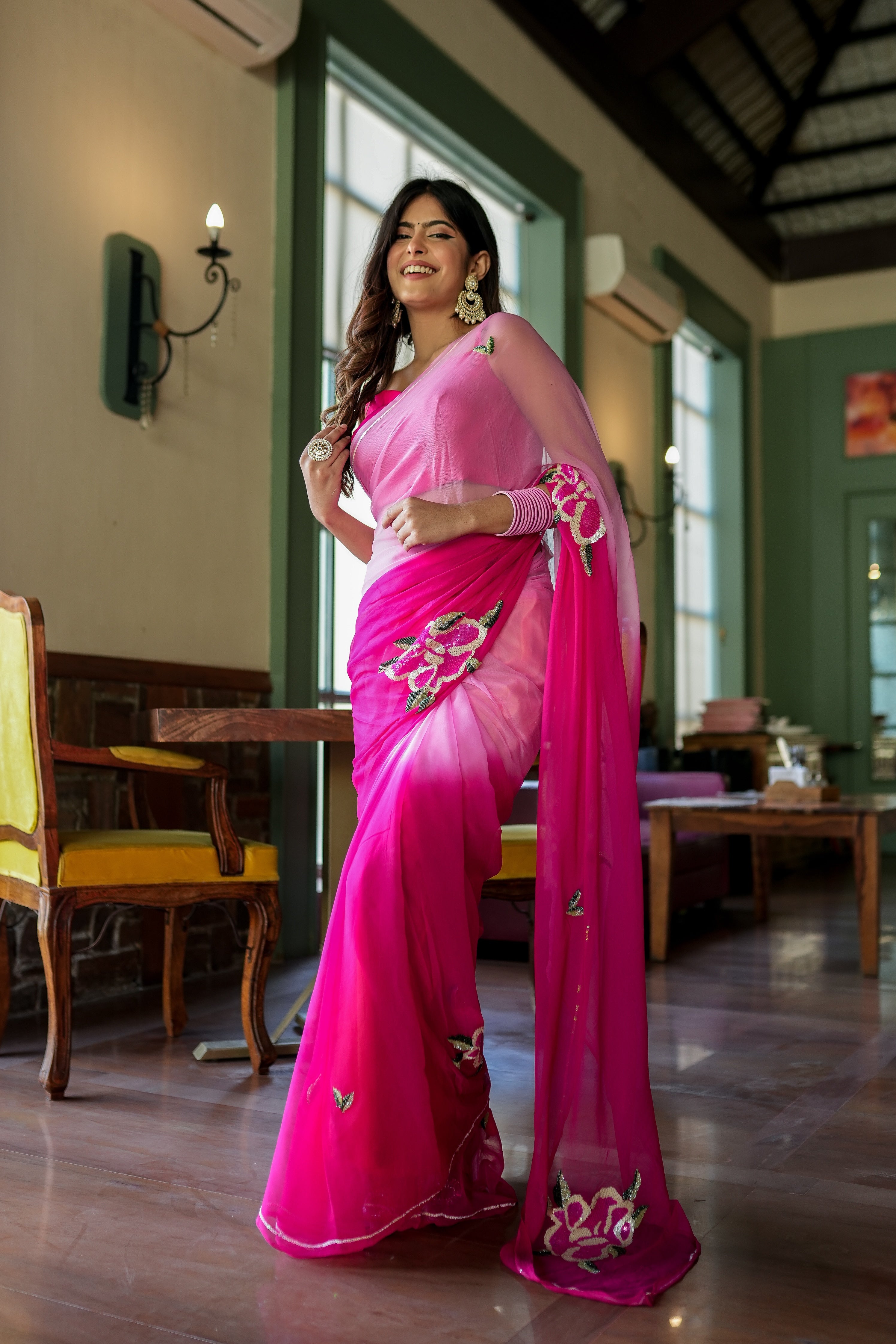 Glamorous Pink Chiffon Saree Sequins Handwork Floral