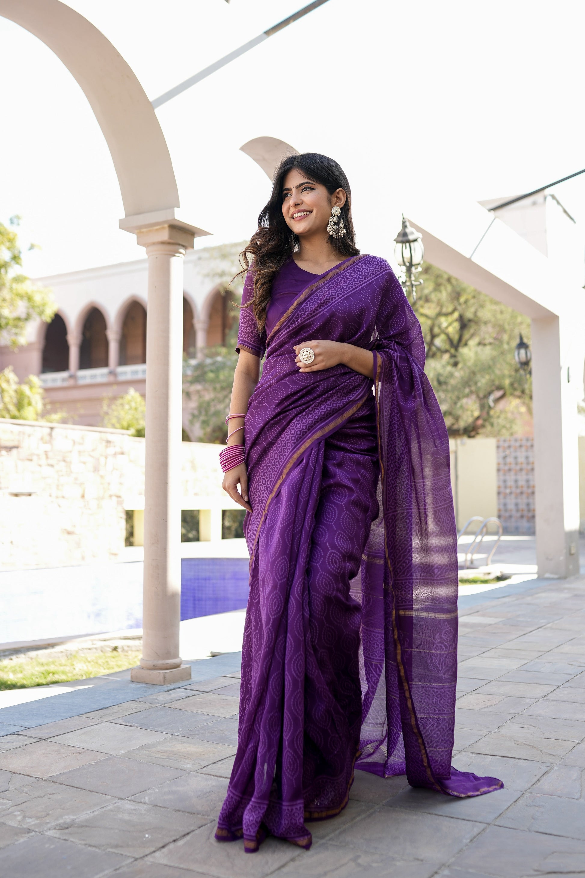 Ethereal Lavender Purple Chanderi Handblock Saree Gold Zari Nature