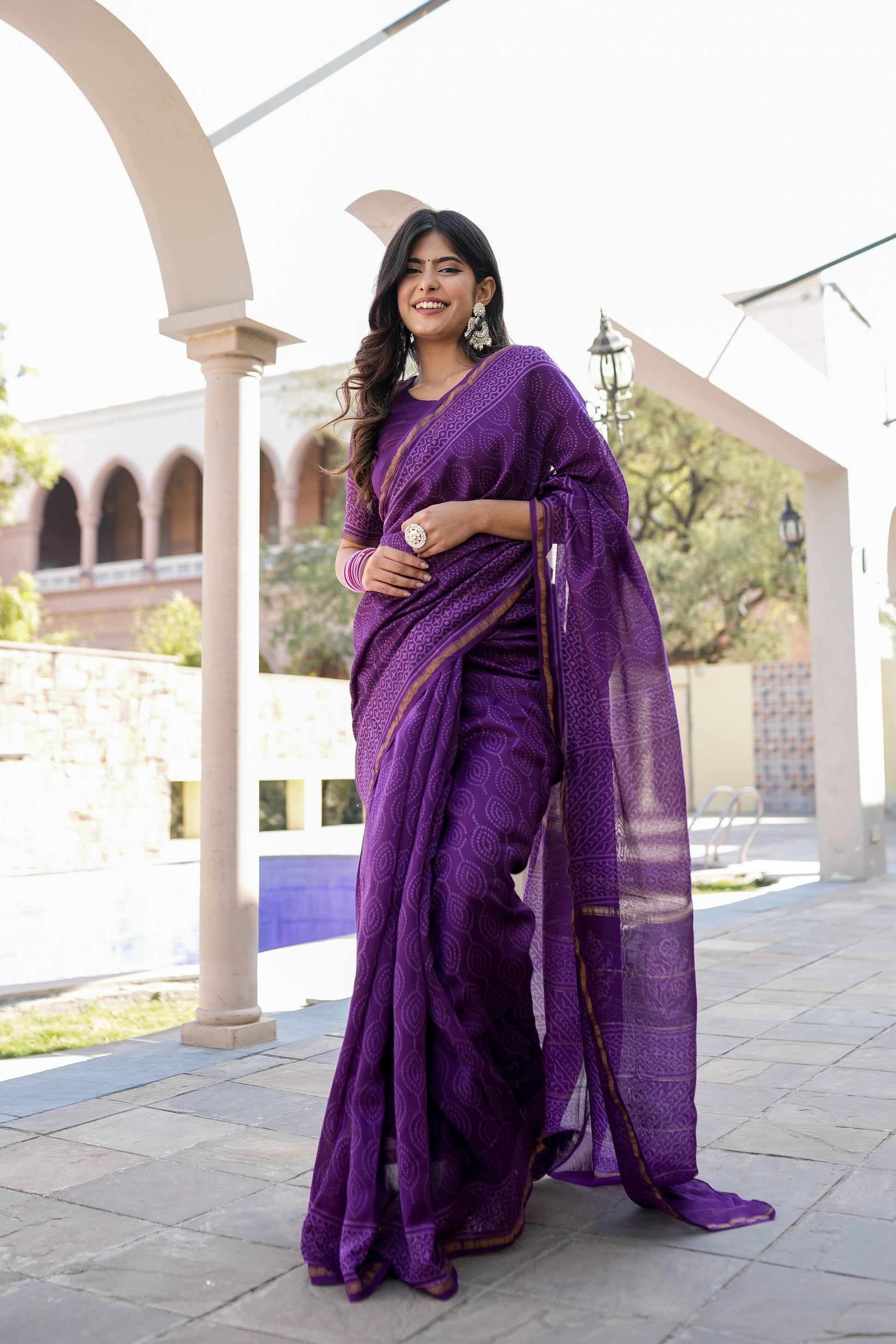 Ethereal Lavender Purple Chanderi Handblock Saree Gold Zari Nature