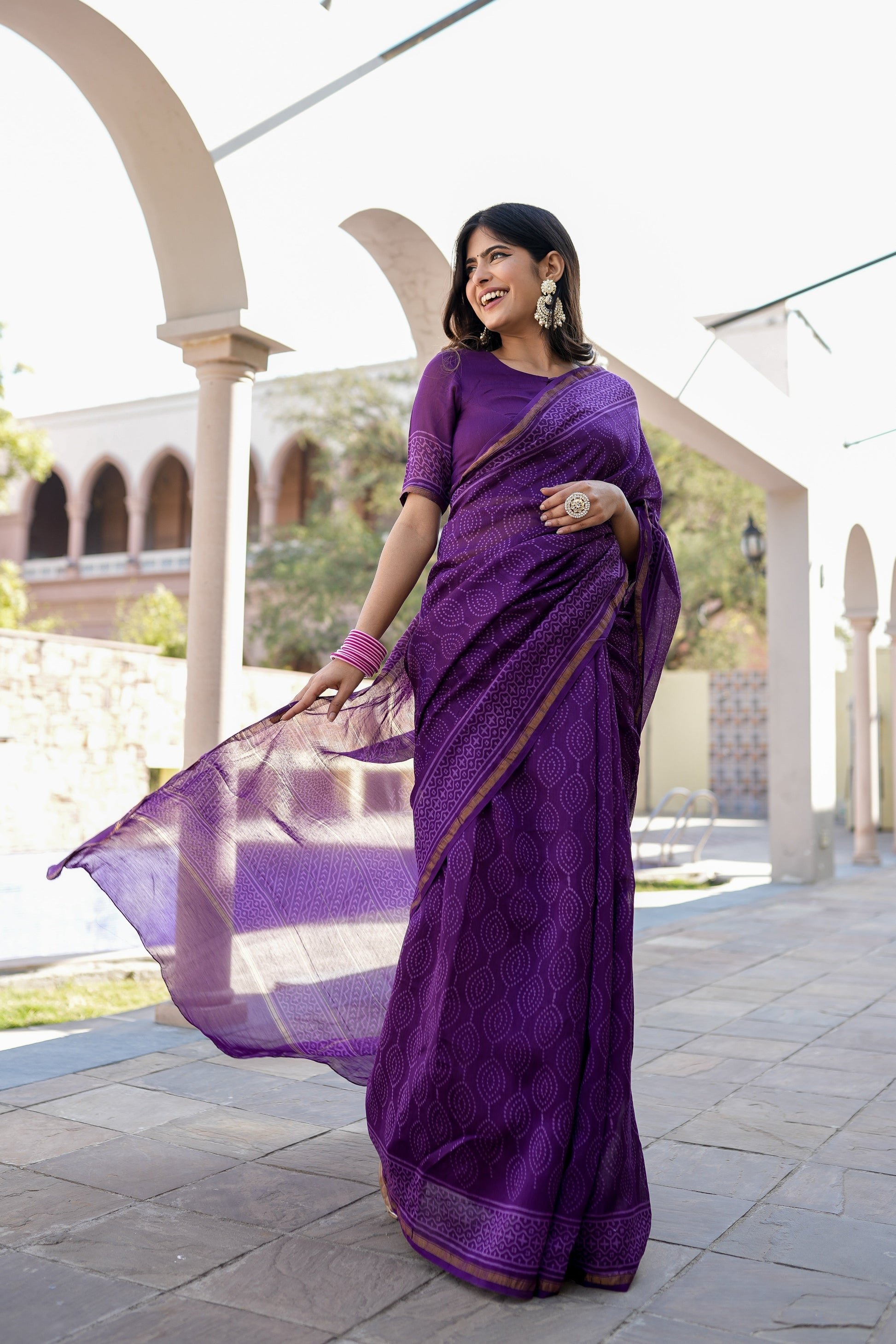 Ethereal Lavender Purple Chanderi Handblock Saree Gold Zari Nature