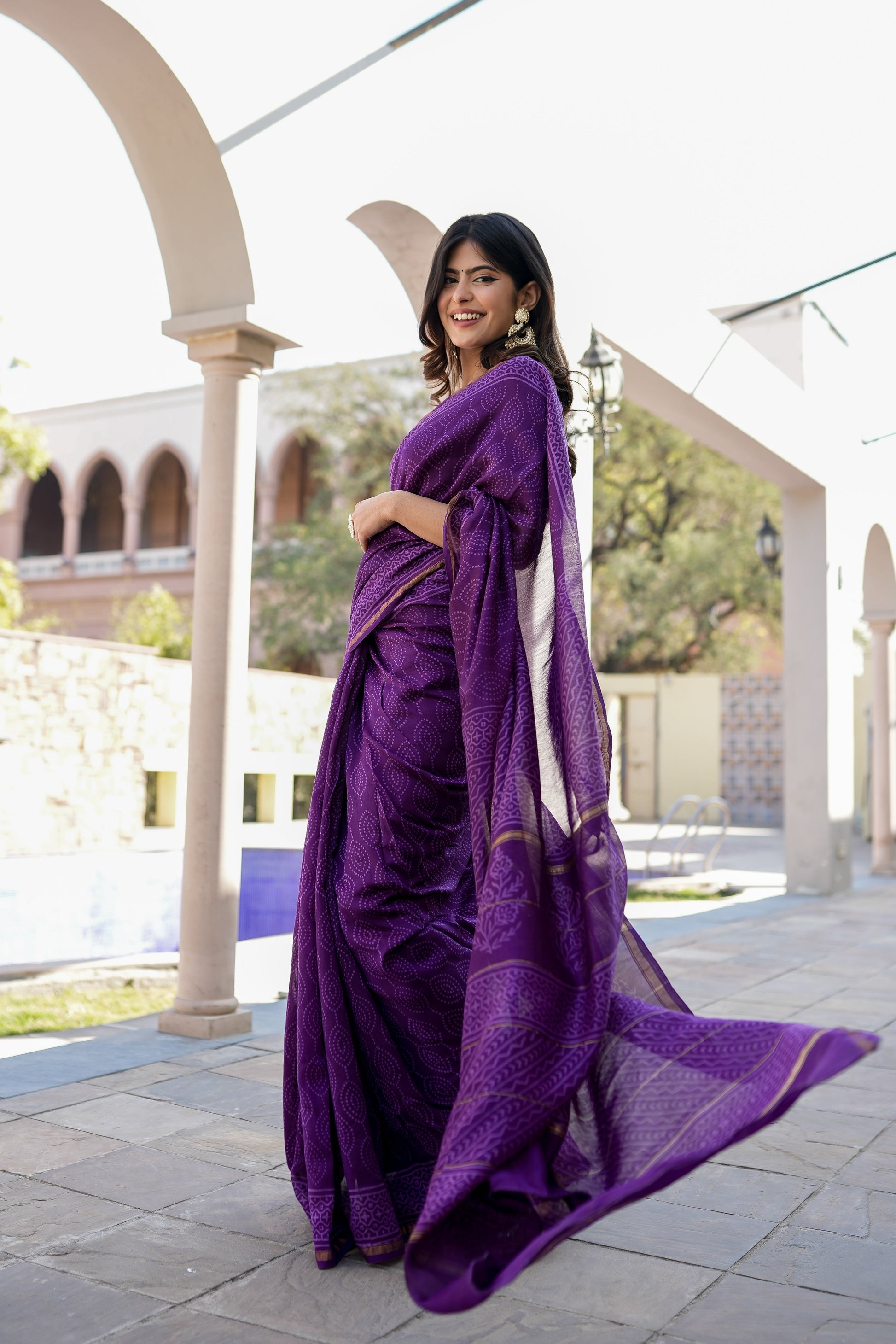 Ethereal Lavender Purple Chanderi Handblock Saree Gold Zari Nature
