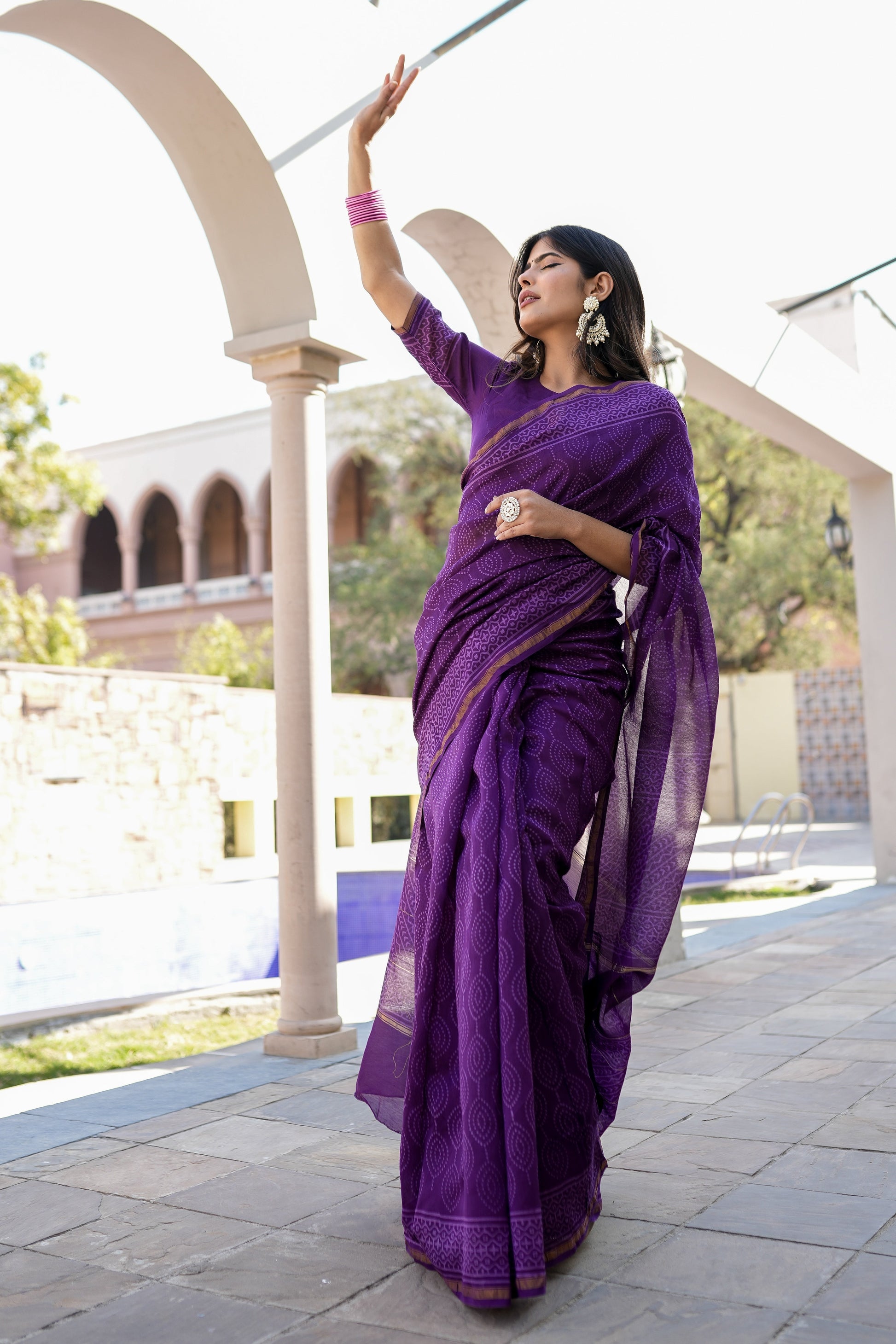 Ethereal Lavender Purple Chanderi Handblock Saree Gold Zari Nature