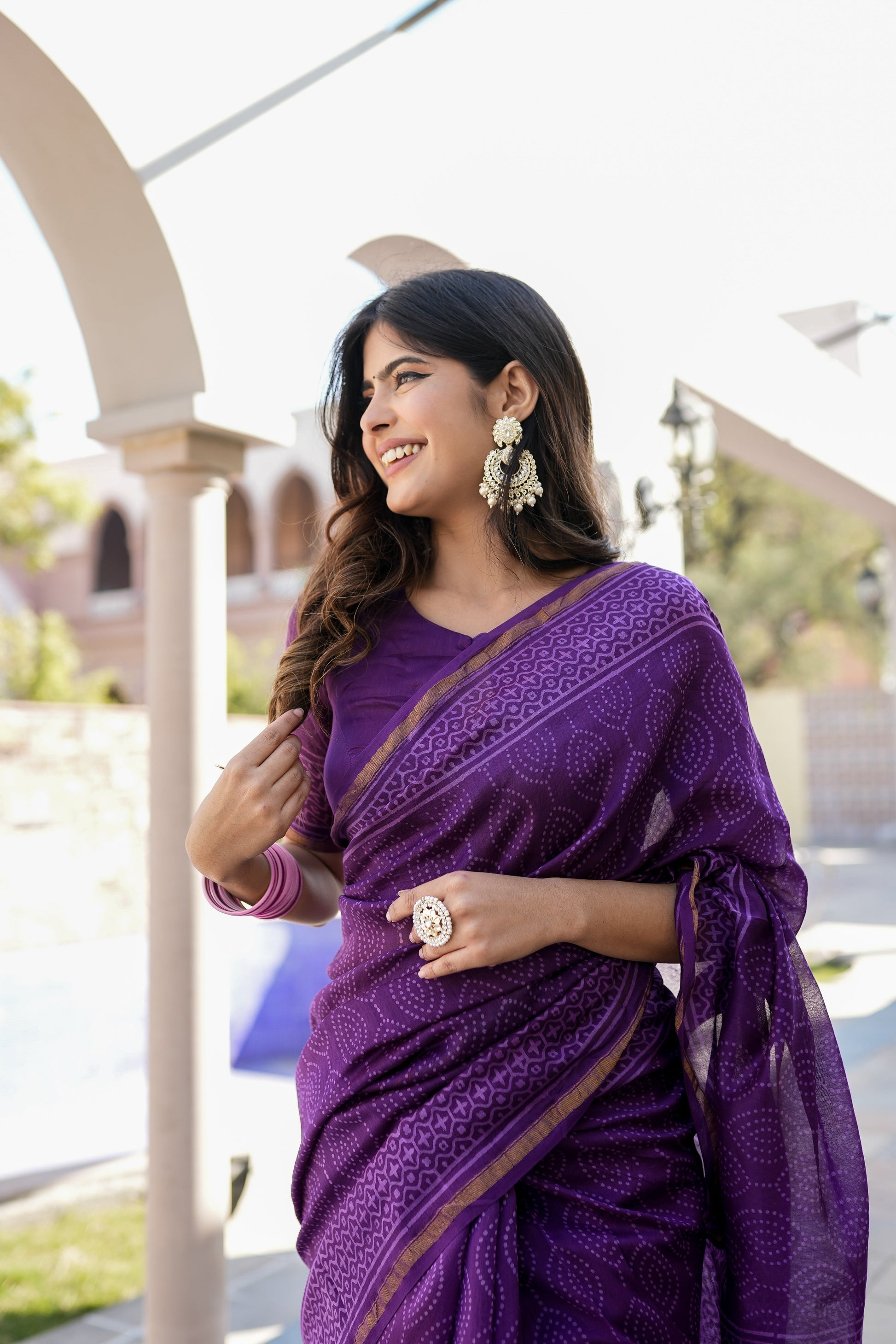 Ethereal Lavender Purple Chanderi Handblock Saree Gold Zari Nature