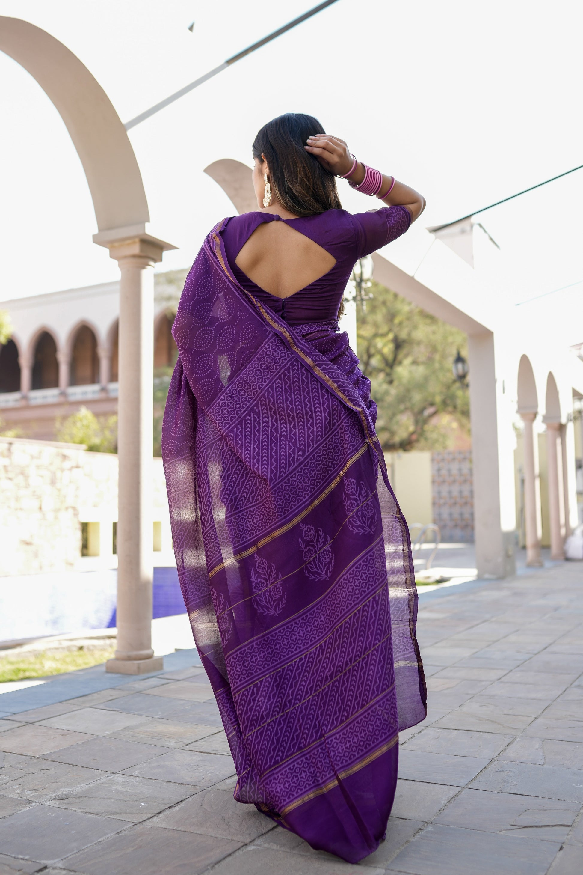 Ethereal Lavender Purple Chanderi Handblock Saree Gold Zari Nature